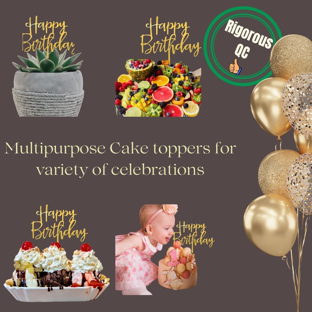 Premium Acrylic Happy Birthday Cake Topper Gold, Mirror Finish, 6x6 Inches, 2.5mm Thick, Handmade Decorative Party Celebration Topper with Protective Film Perfect Keepsake