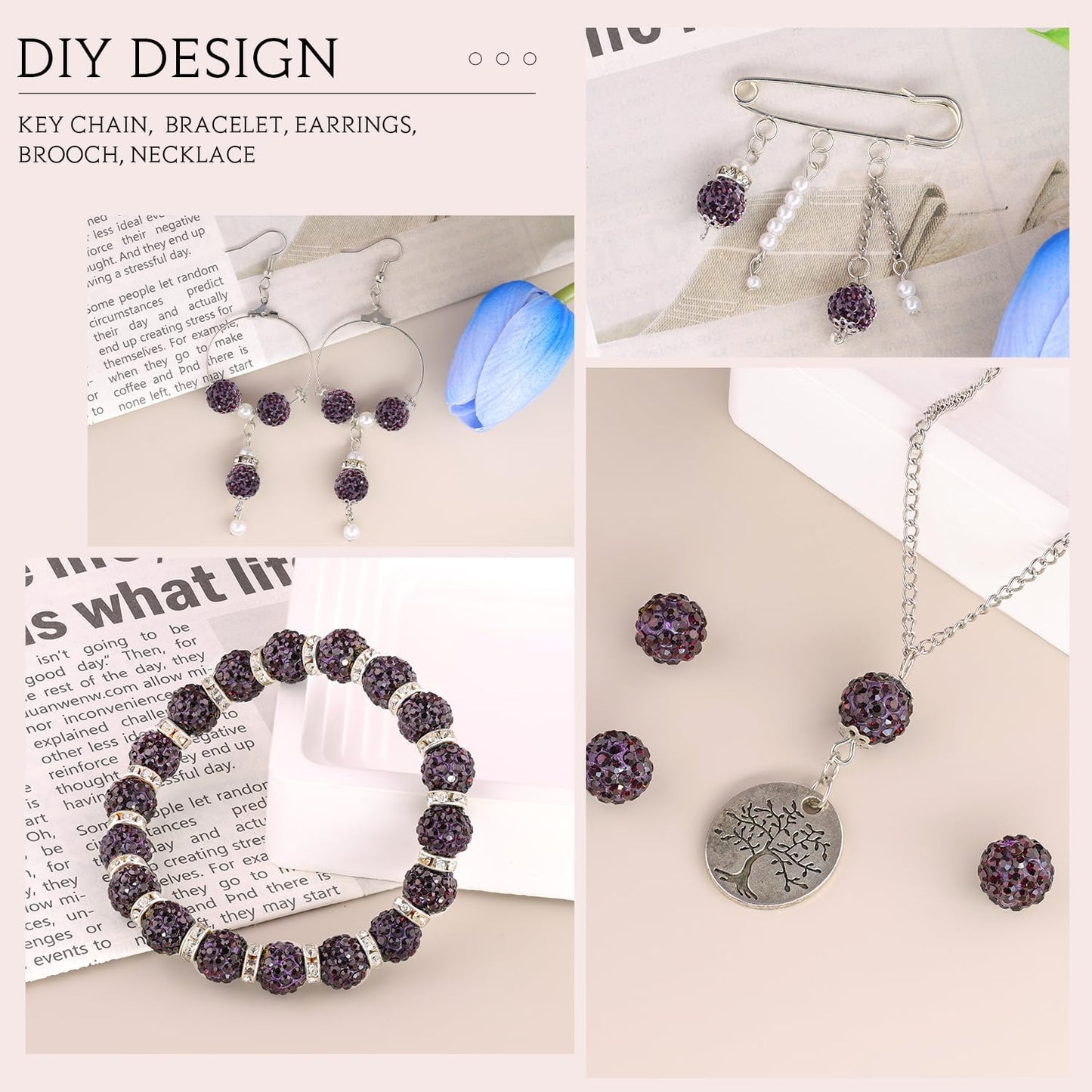 200pcs 10mm Dark Purple Rhinestone Beads for Jewelry Making, Shiny Round Shamballa Disco Ball Beads, Sparkle Crystal Clay Christmas for Bracelet Baseball Necklace Earring Crafting and DIY