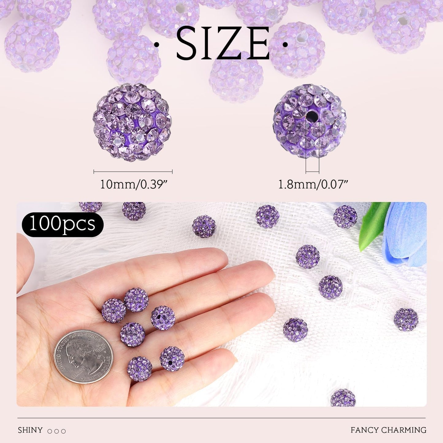 100 pcs 10mm Rhinestone Beads for Jewelry Making, Purple Shiny Round Shamballa Disco Beads Bulk, Sparkle Crystal Clay Christmas for Bracelet Baseball Necklace Earring Crafting and DIY