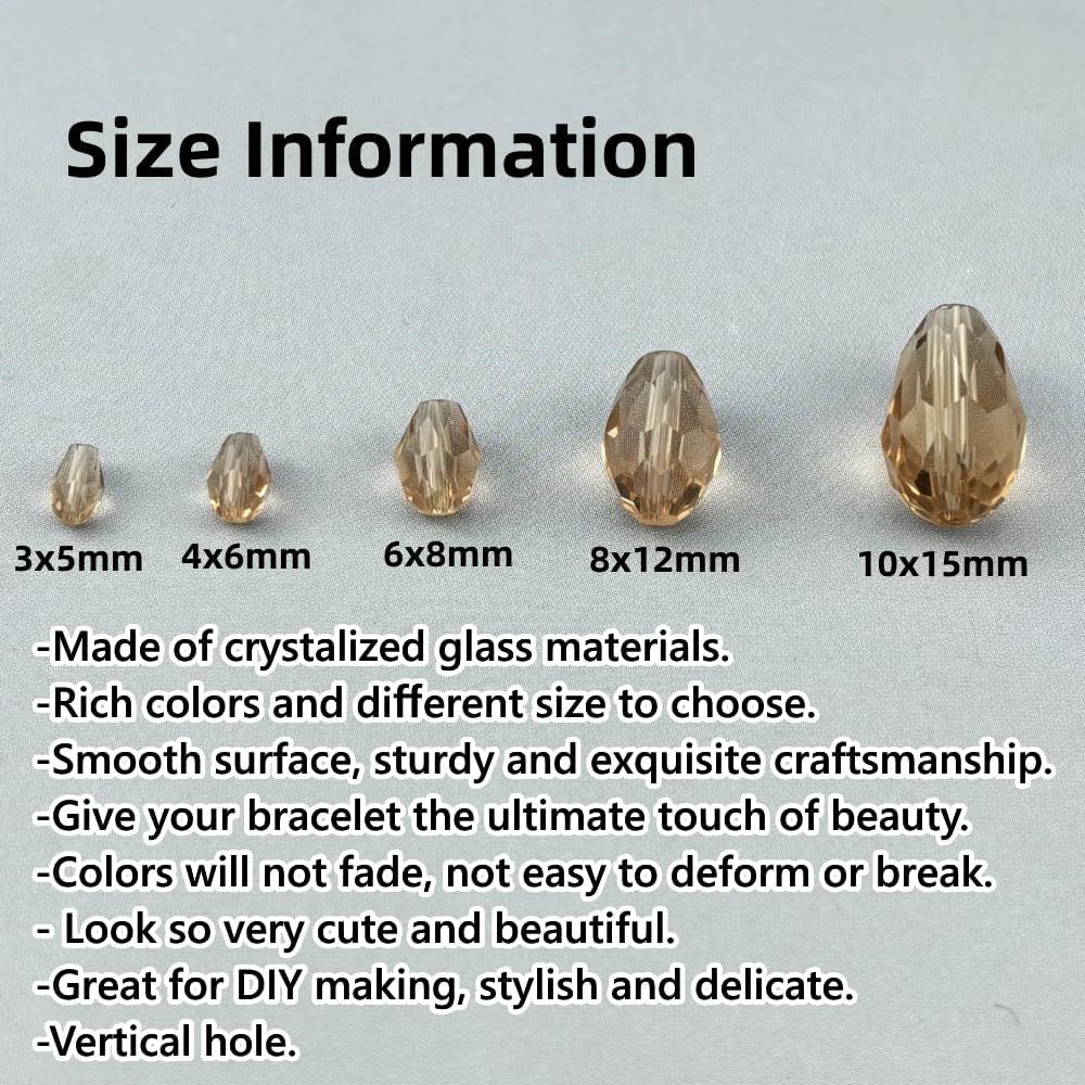 150pcs 4x6mm Teardrop Crystal Glass Beads for Jewelry Making, Faceted Vertical Hole Teardrop Glass Spacer Beads for Wind Chimes Bracelet Earring Necklace DIY Craft(Champagne)