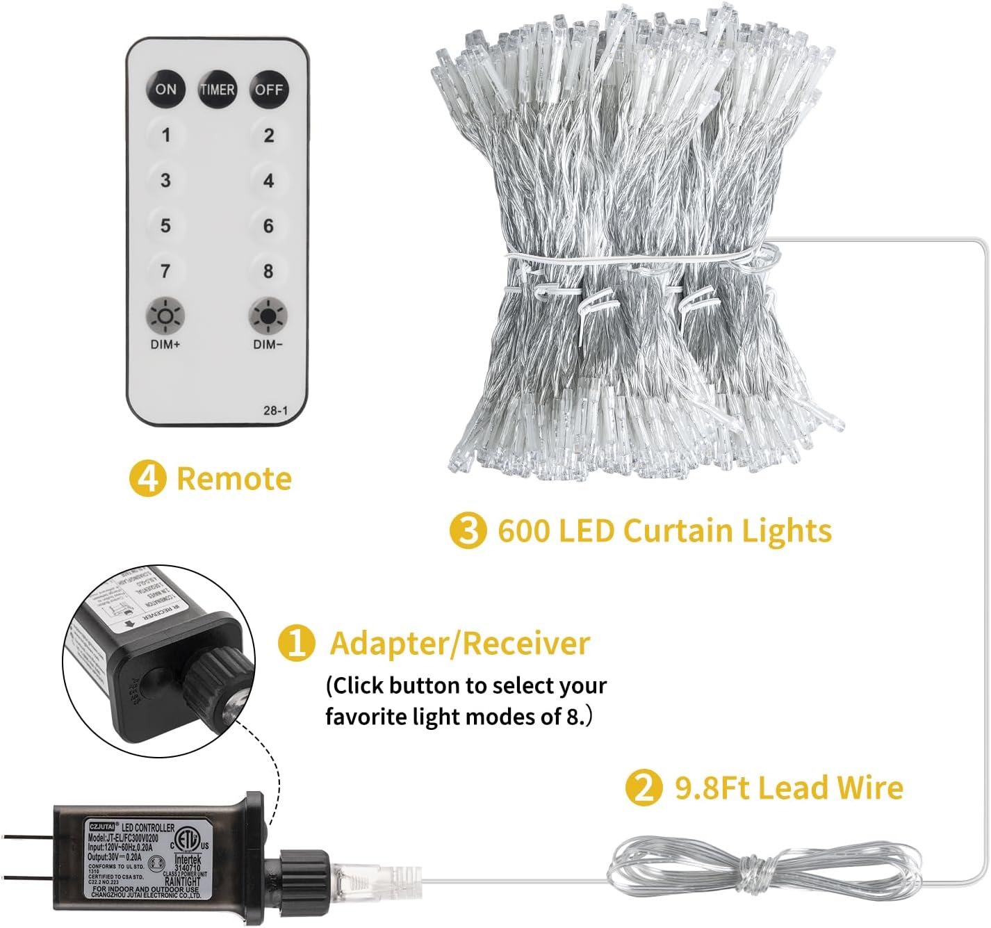 Brightown Window Curtain Lights, 600 Led 20 Feet Dimmable with Remote to Set 8 Lighting Modes and Timer, Fairy Led Lights for Bedroom Wall Wedding Decorate String Lights, Pure White, No Curtain