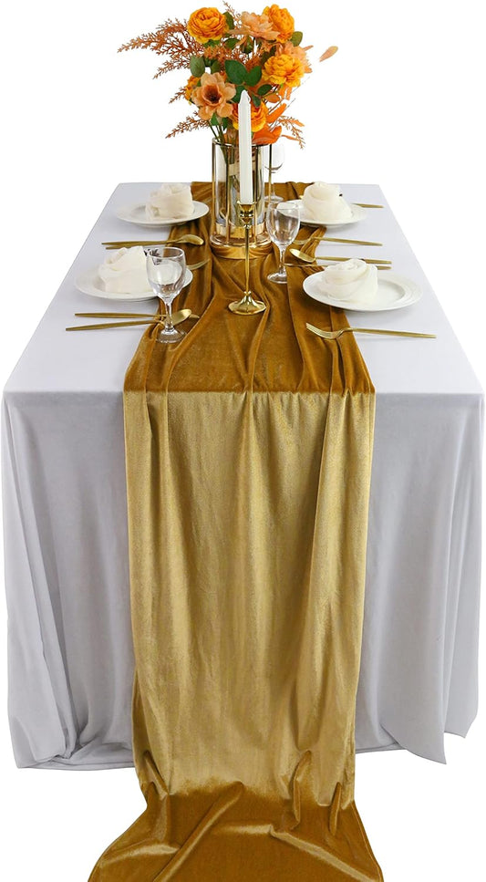 Velvet Table Runner, 10ft Luxurious Wedding Reception Decorations Soft Velvet Fabric Table Linen Overlay for Party (20 x 120 inch, Gold)