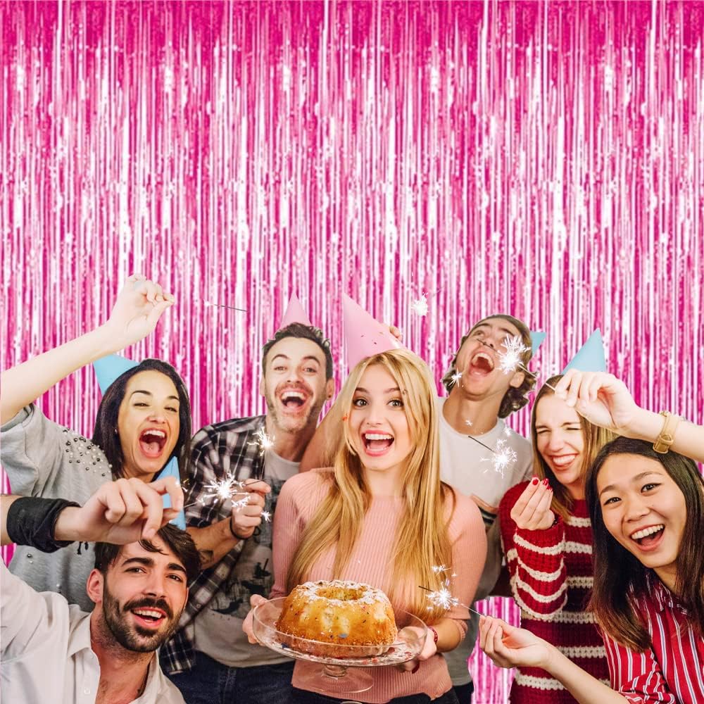 GOER 3.2 ft x 8.2 ft Metallic Tinsel Foil Fringe Curtains Party Photo Backdrop Party Streamers for Galentines Day,Birthday,Graduation,New Year Eve Decorations Wedding Decor (4 Packs,Hot Pink)