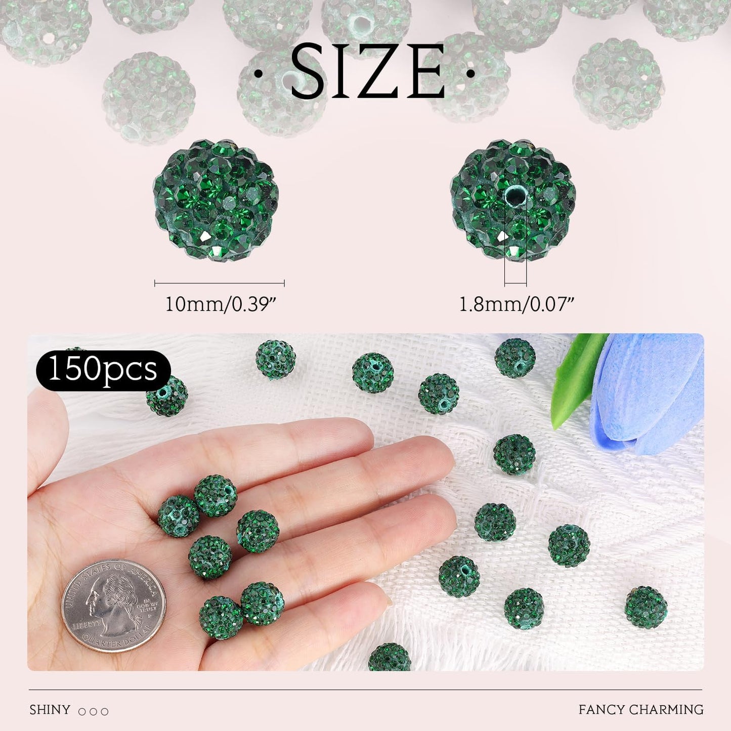 150 pcs 10mm Rhinestone Beads for Jewelry Making, Dark Green Shiny Round Shamballa Disco Beads Bulk, Sparkle Crystal Clay Christmas for Bracelet Baseball Necklace Earring Crafting and DIY