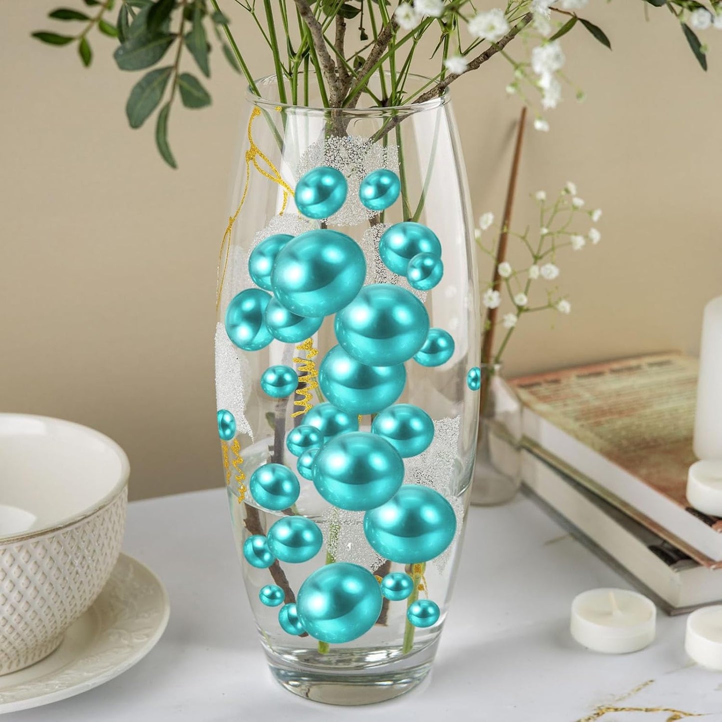 100PCS Lake Blue Faux Pearls Beads for Centerpiece Vases, Vase Filler Faux Pearls, No Holes Filler Beads for Party Anniversary Birthday Wedding Table Decor, 14/20/30mm