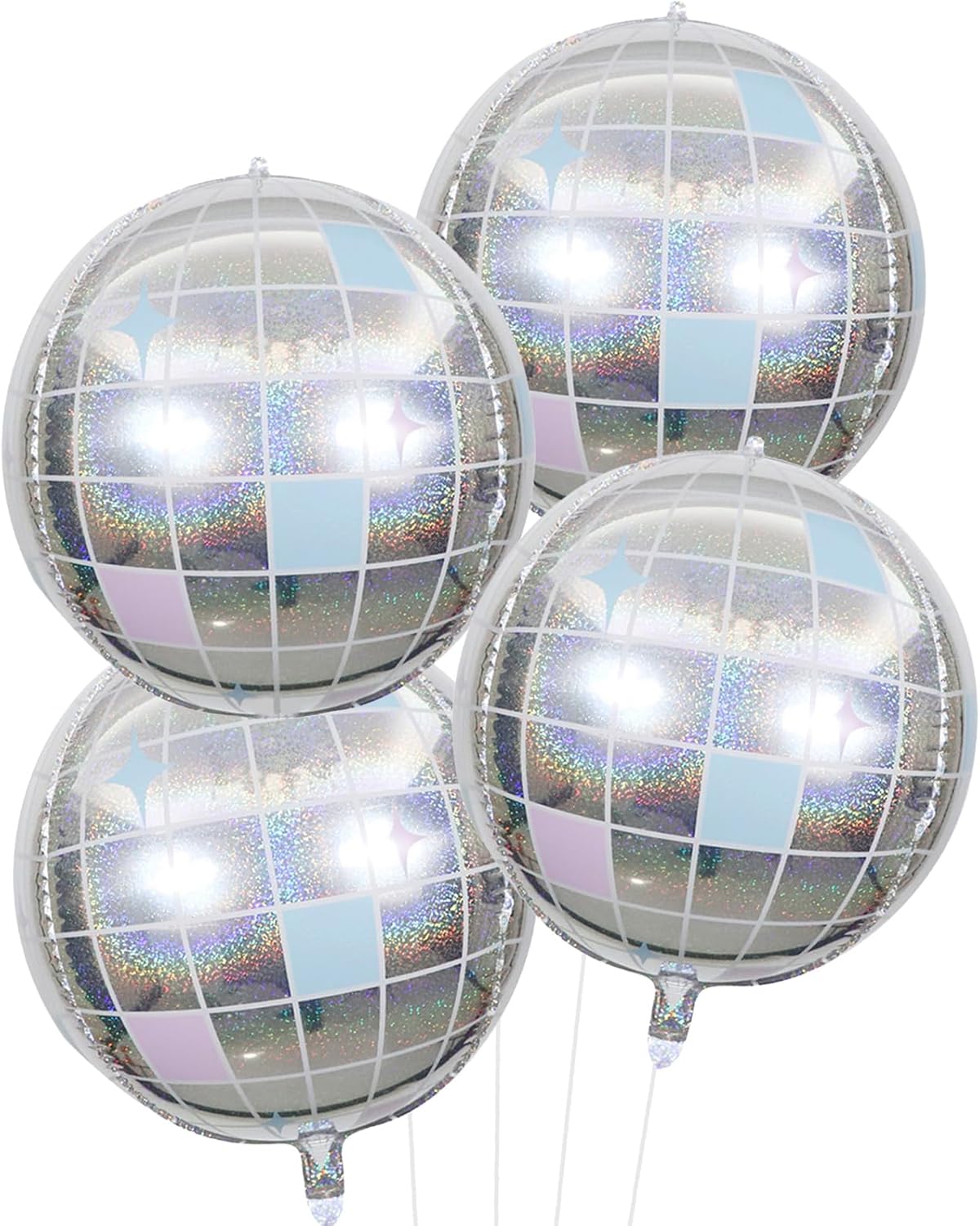 Iridescent Disco Ball Balloons 4PC,Foil Disco Balloons 22 Inch 4D Round Balloon for 70s 80s Birthday Bachelorette Graduation Decorations