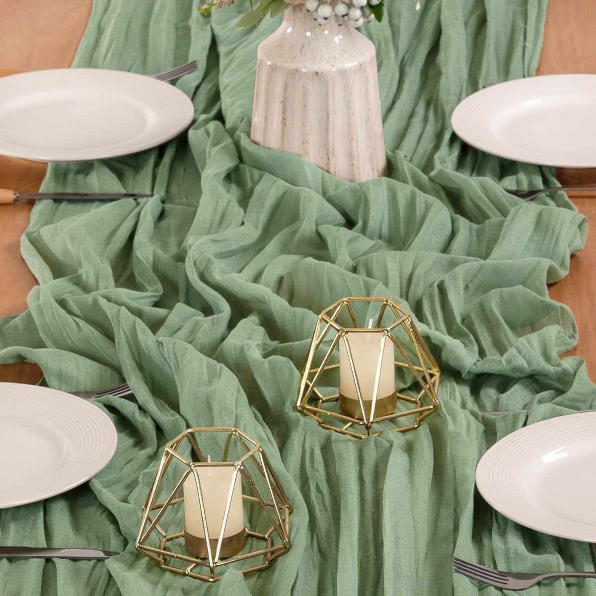 MLMW 2 Pack Sage Green Table Runner Cheesecloth Boho Gauze Rustic Cheese Cloth Table Runner 160 inch Sheer 13.3ft for Wedding Party Baby Bridal Shower Birthday