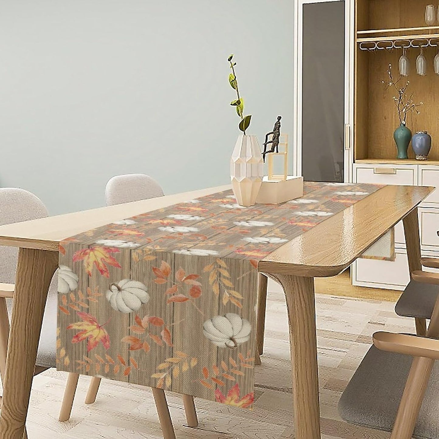 Autumn Table Runner,Pumpkins Maple Leaves Wood Fall r Seasonal Table Runner Kitchen Dining Table Decoration for Home Party Decor 13x108 Inch