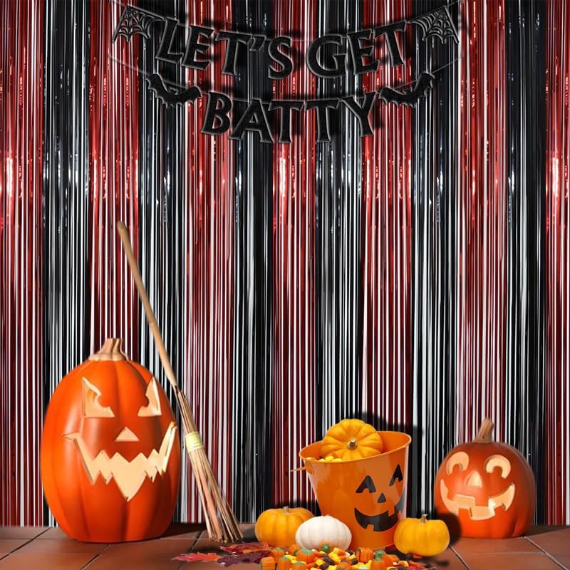 BRAVESHINE Tinsel Photo Backdrop Curtains - 2 Pack 3.2x8.2ft Black Red Foil Fringe Streamer Curtain for Halloweens, Lantern, Pumpkin, Home, Indoor or Outdoor Party Supplies Decorations