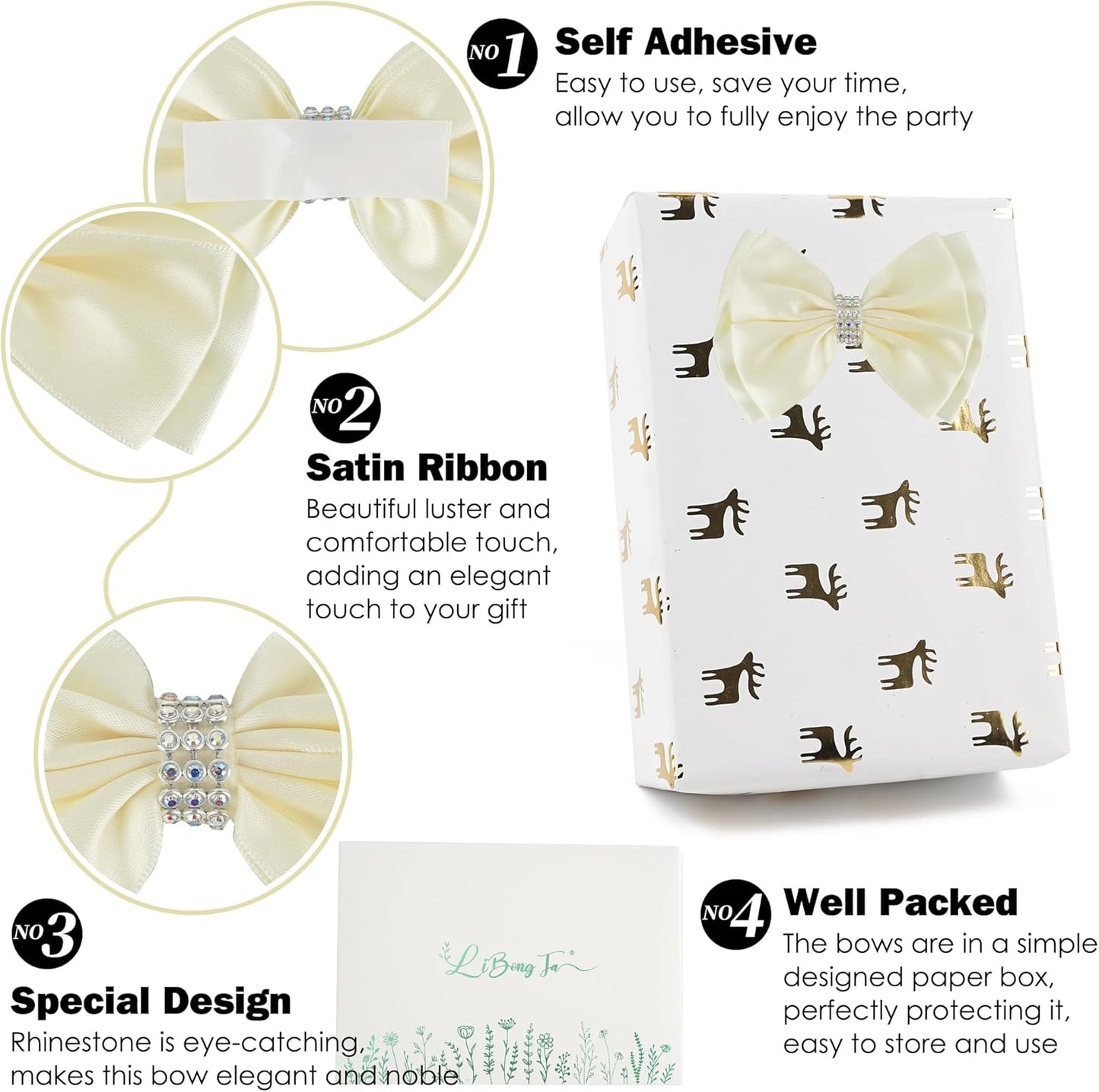 Ivory Satin Bows 4'' Premade Ivory Ribbon Bows, Gift Bows with Rhinestone, Wrapping Bows for Presents, Greeting Cards, Treat Bags, Wine Bottles, Valentines Bows for Gift Wrapping-12 Counts