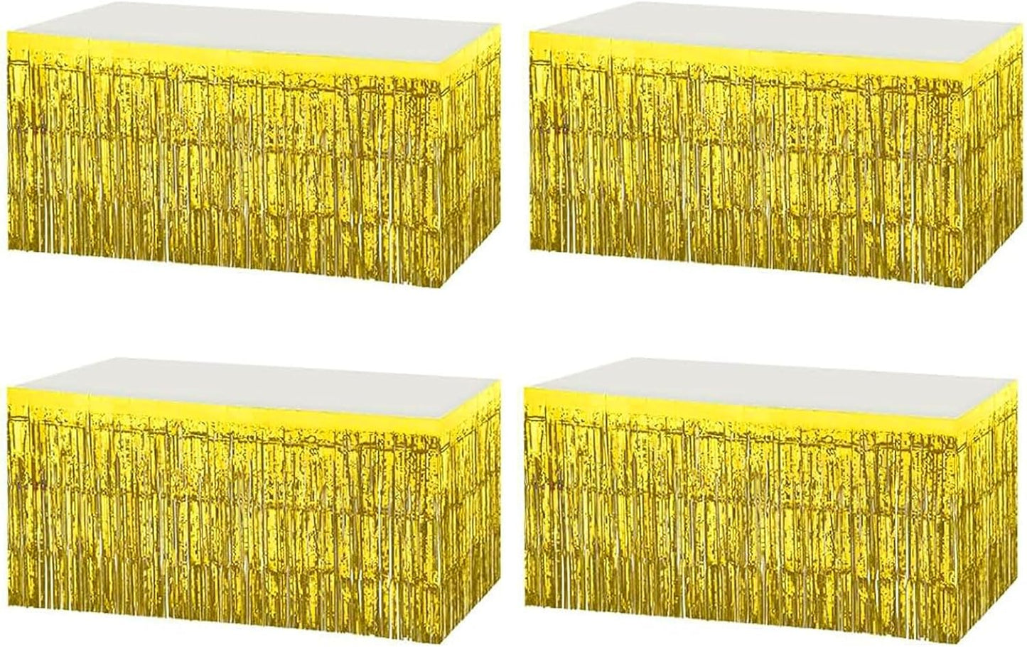 4 Pack Metallic Foil Fringe Tinsel Table Skirts,29x108 Inch Party Disposable Table Skirt Banner for Hotel Banquet Parade Floats Mardi Gras Holiday Birthday Wedding New Year Party Decoration(Gold)