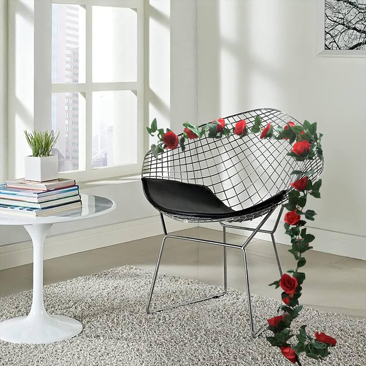 2 Pack Artificial Rose Vine Garland Fake Roses Flowers Plants Vines Hanging Floral Leaves Decoration for Wedding Party Table Garden Arch Wall Home Room Decor(Red)