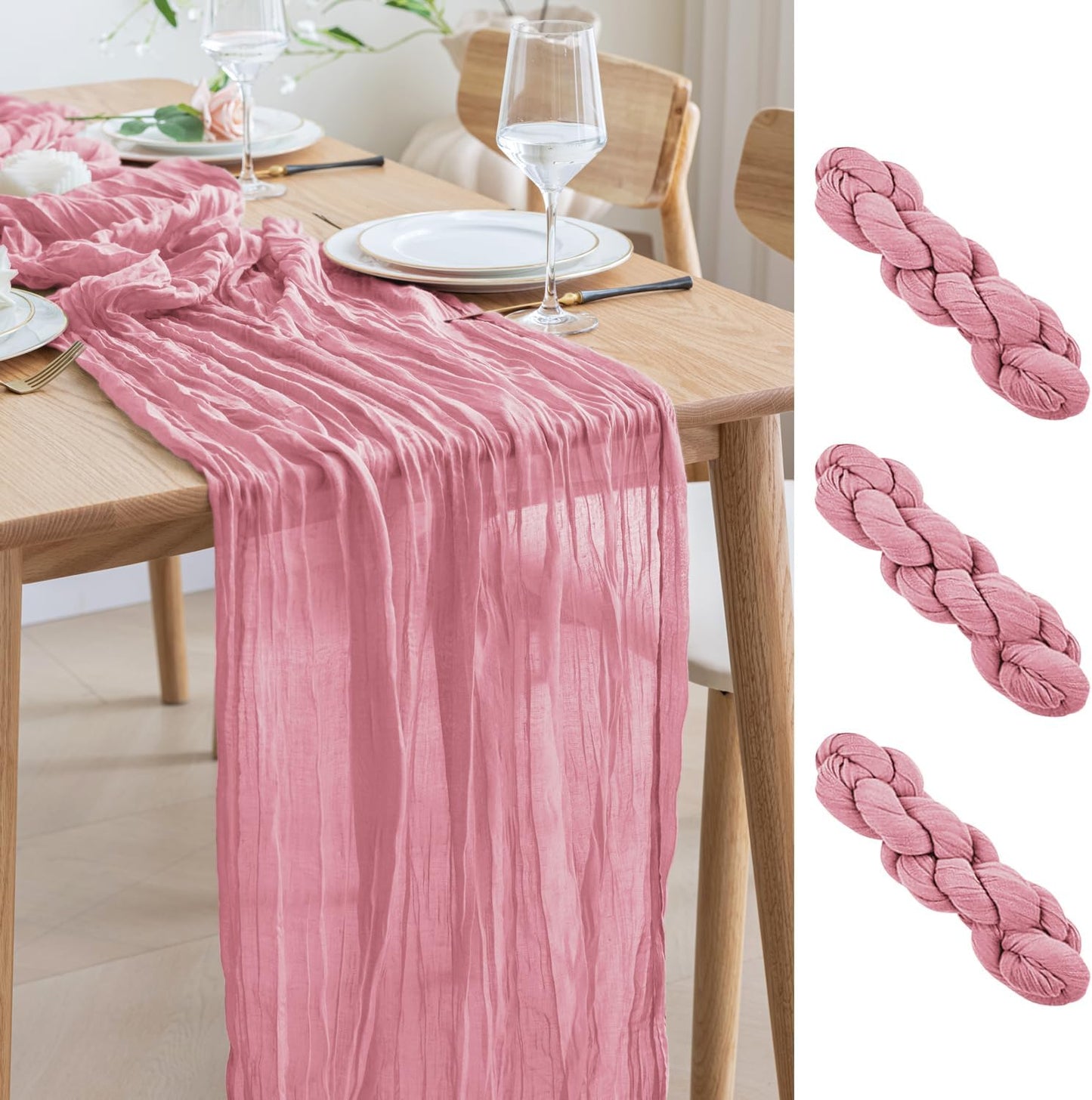 Asee'm 3pcs Cheesecloth Table Runner 120 Inches Long Pink Boho Gauze Cheese Cloth Runner 10FT Rustic Sheer Table Runners for Christmas Wedding Party Baby Shower Spring Easter Decoration