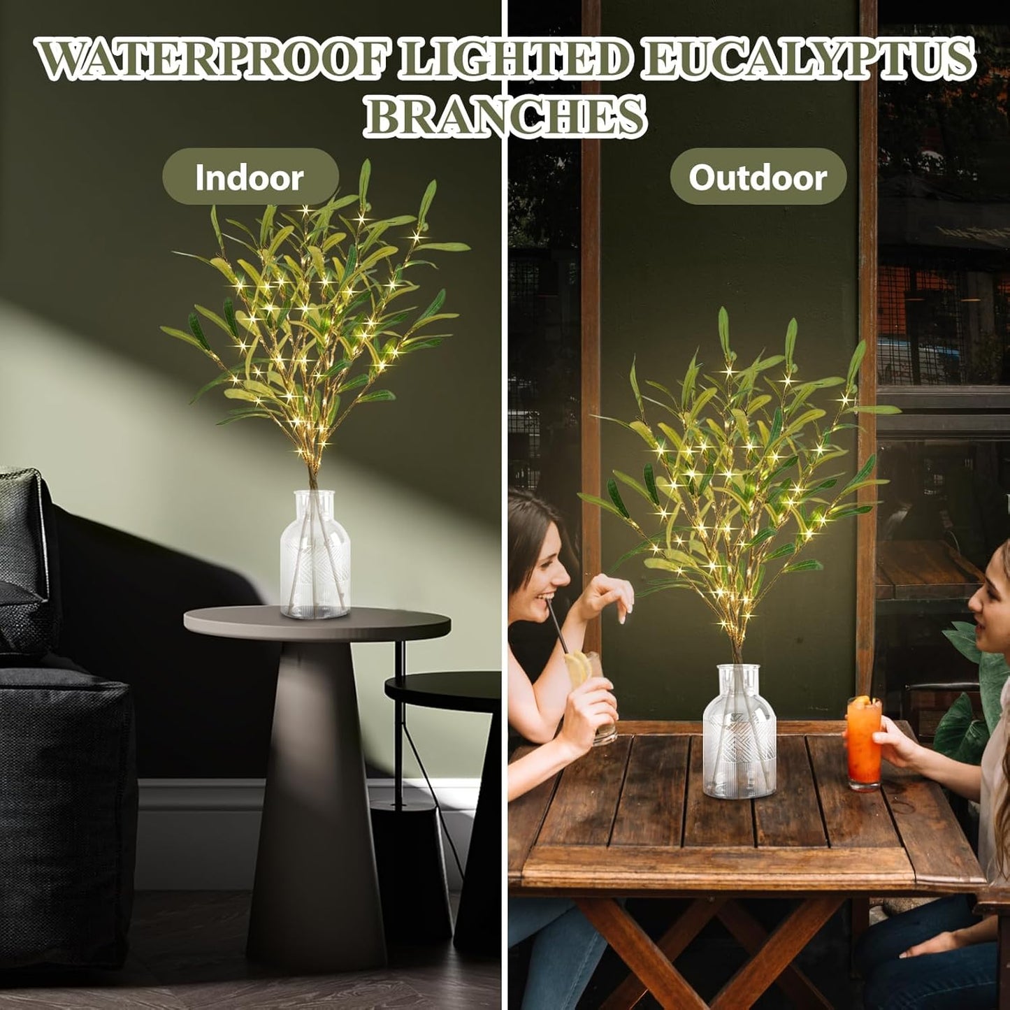 Olive Branches for Vases with Battery Operated Lights 33 Inches, 99LED Lighted Olive Tree Branches with Timer for Indoor Outdoor Spring Christmas Room Wedding Decoration