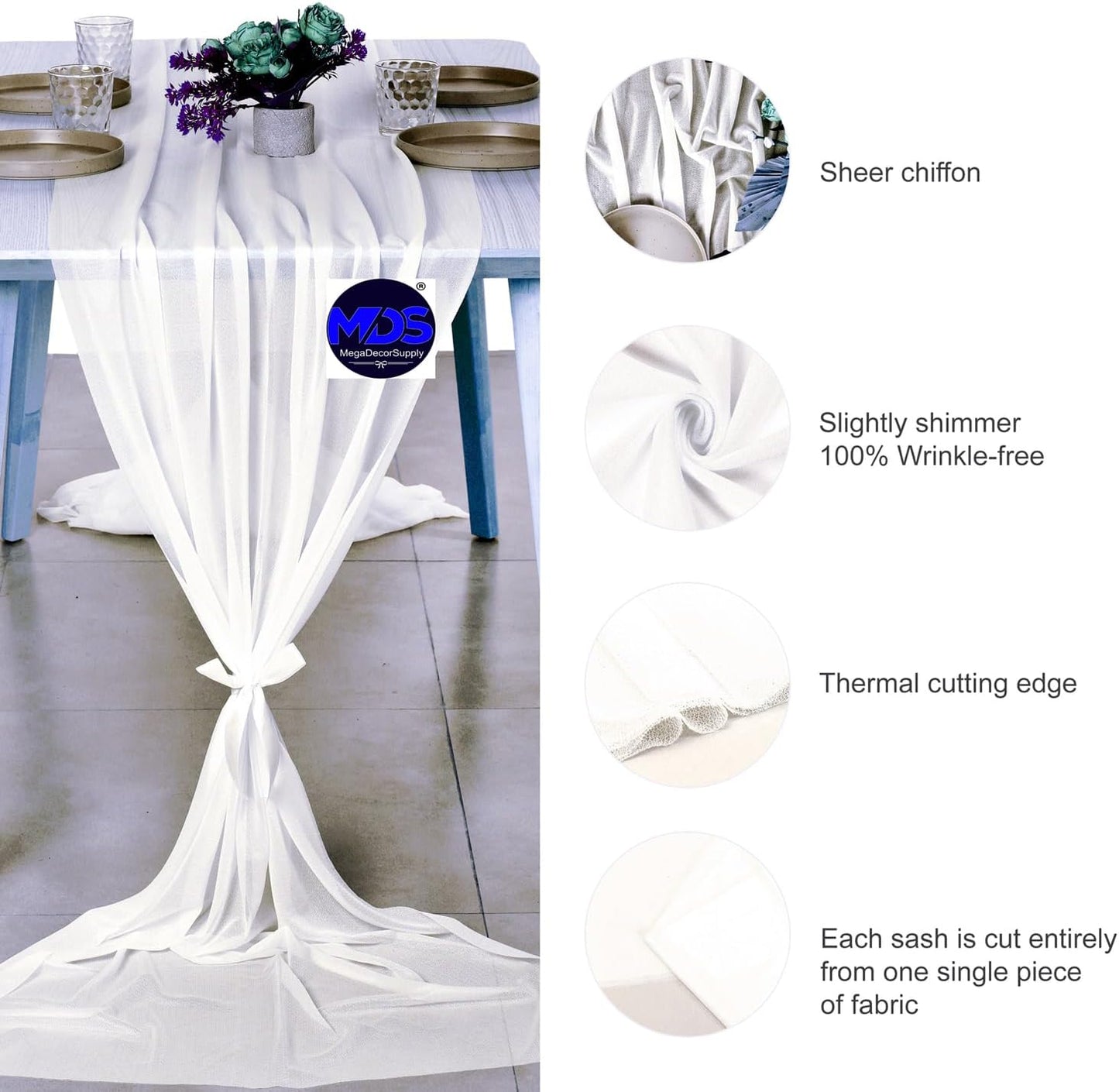 MDS 20 Pack 10ft Chiffon Table Runner 29 x 120 Inches Sheer Wedding Runner Romantic Rustic Table Runner for Wedding Decorations, Birthday Parties, Bridal Shower Party Arch Decor - Ivory