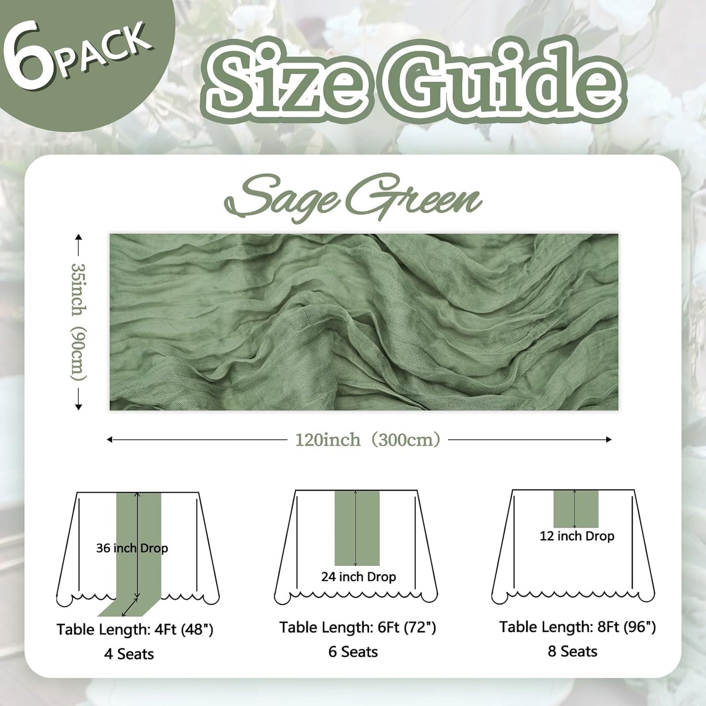 6 Pack Sage Green Table Runner 10ft Boho Gauze Fabric Cheesecloth Table Runner 35 x 120 Inch Rustic Sheer Runner for Wedding Centerpiece Decor Baby Shower Party Table Decorations