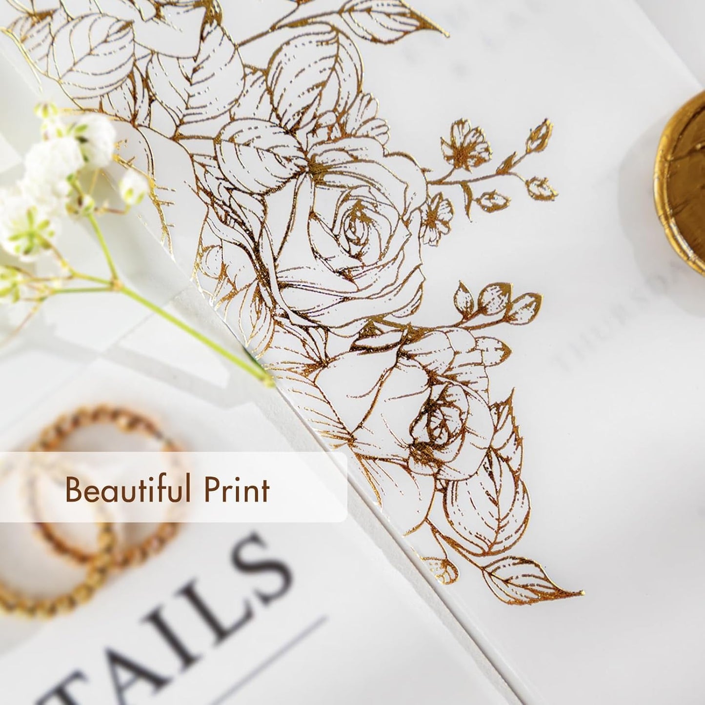 50 Pack Pre-Folded Vellum Jackets for 5x7 Invitations,AZAZA Gorgeous Translucent Invitation Sleeves,115GSM Vellum Jackets 5x7, Wedding Invitation Accessories,for Weddings Birthdays,Golden Roses