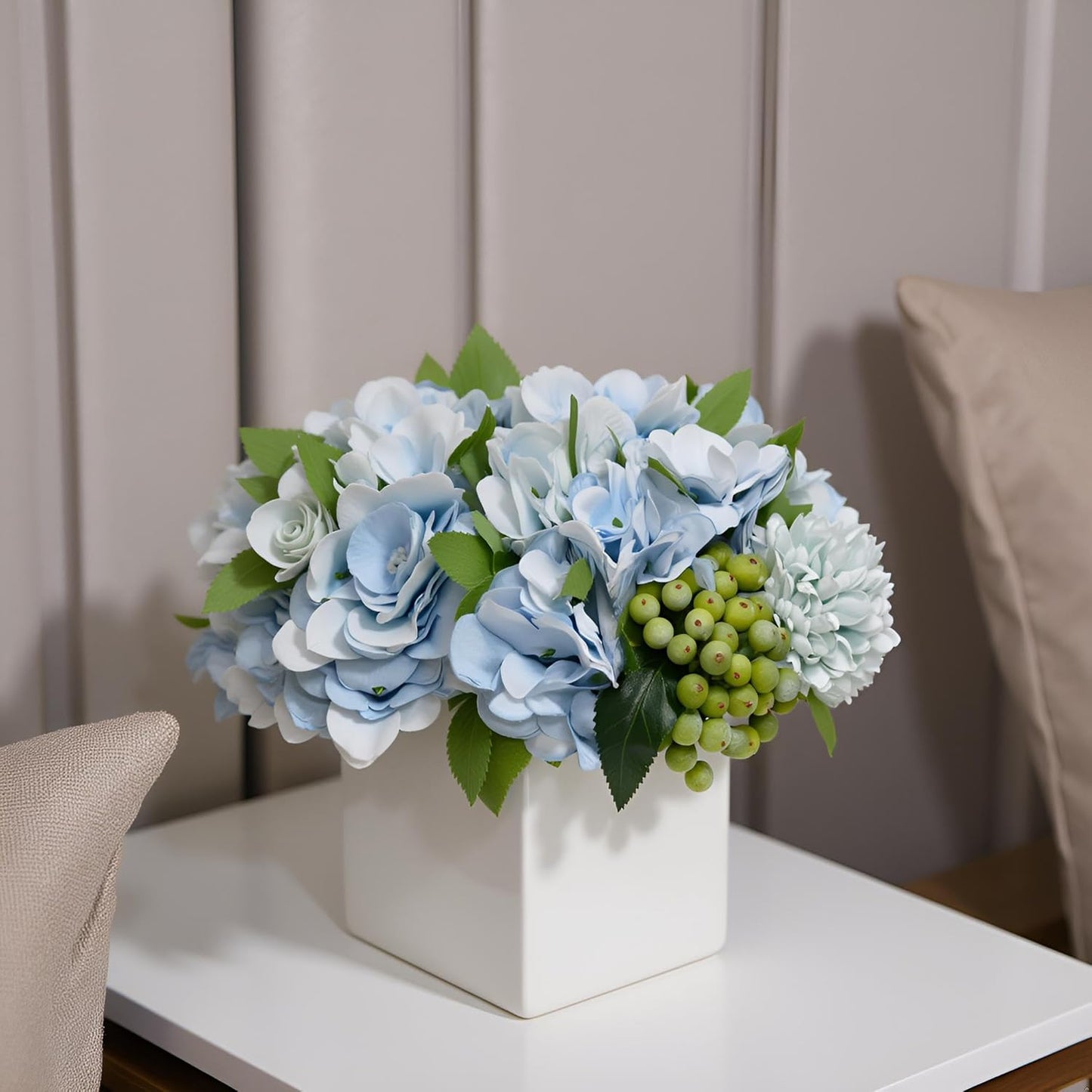 LADADA Fake Flowers in Ceramic Vase,Faux Hydrangea Flower Arrangements for Home Decor Artificial Flowers with Vase