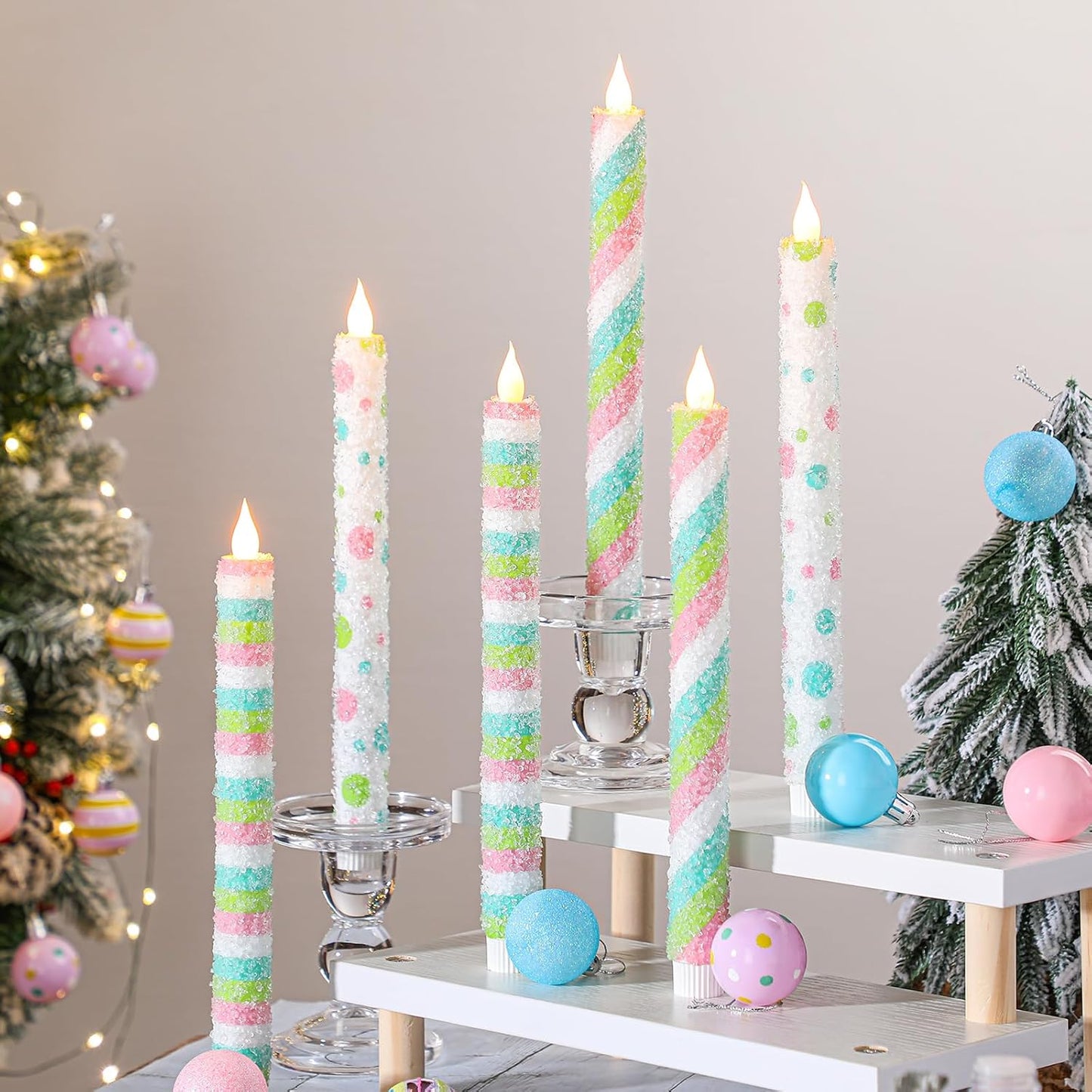 Baquler 6 Pcs Candy Theme Flameless Taper Candles 10.6 Inch Colorful Candy Strip and Polka Dots Candles Battery Operated LED Christmas Candlesticks for Xmas Centerpiece Holiday Party Home Decor