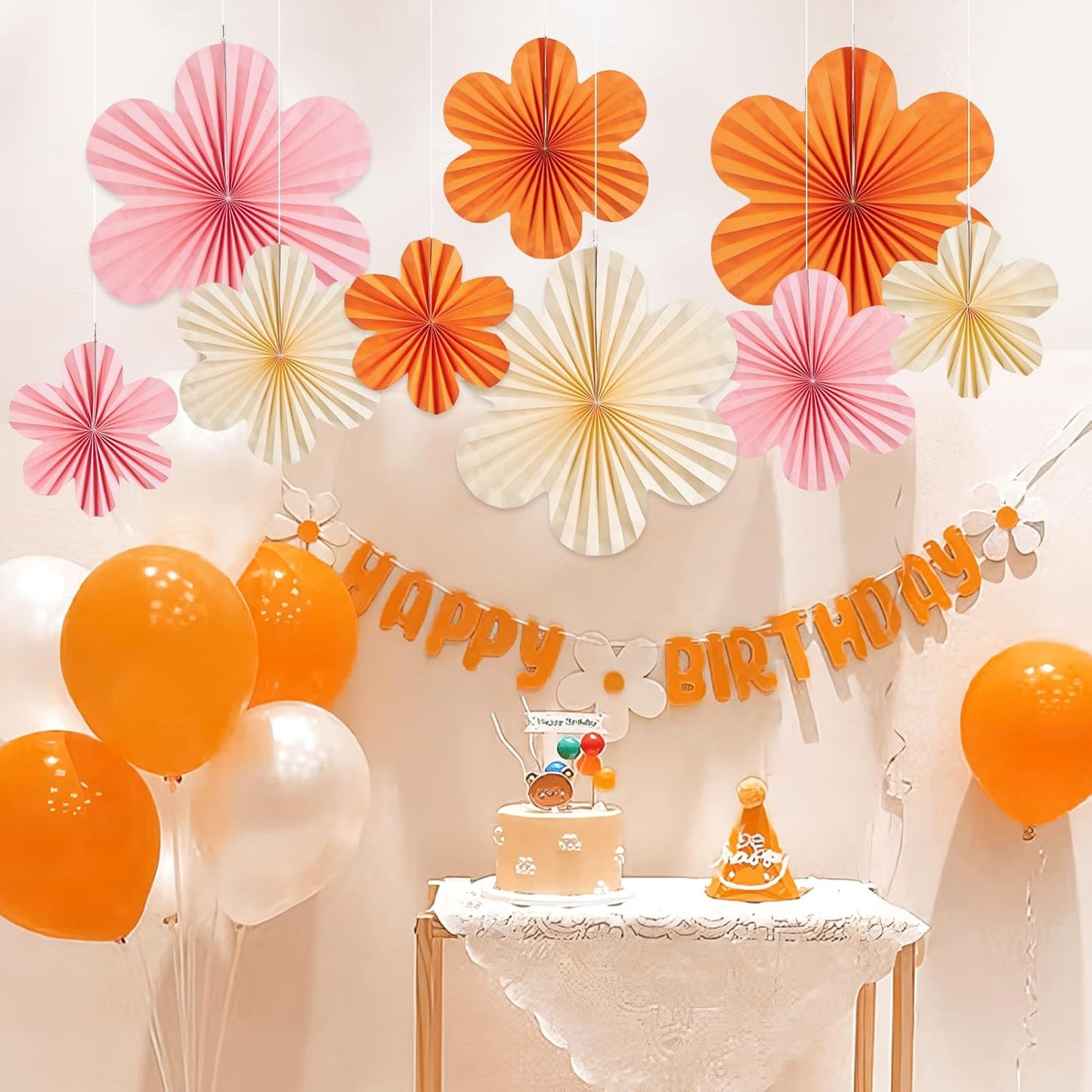 Paper Flowers Decorations for Wall Orange Paper Fans Classroom Decoration Paper Floral Backdrop Decor Paper Fans Decoration Hanging Paper Fans Pink Flower Wall Decor, Set of 9