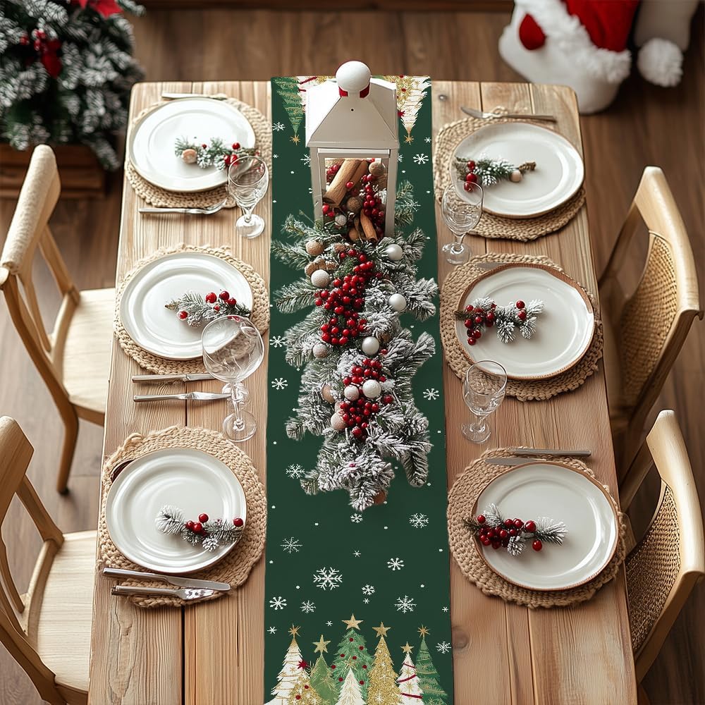 GEEORY Christmas Table Runner 13x120 Inch, Xmas Trees Snowflakes Holiday Decorative Farmhouse Table Decoration for Kitchen Dinning, Indoor Outdoor Dinner Party Decor (Green) GT152-120