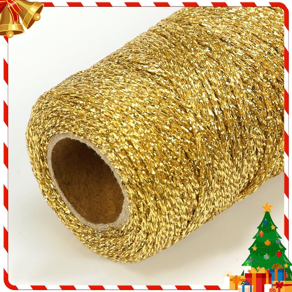 Tenn Well Metallic Gold Twine, 328 Feet 1mm Christmas Gold String Ribbon for Gift Wrapping, Christmas Ornaments, Holiday Decorations, DIY Crafts