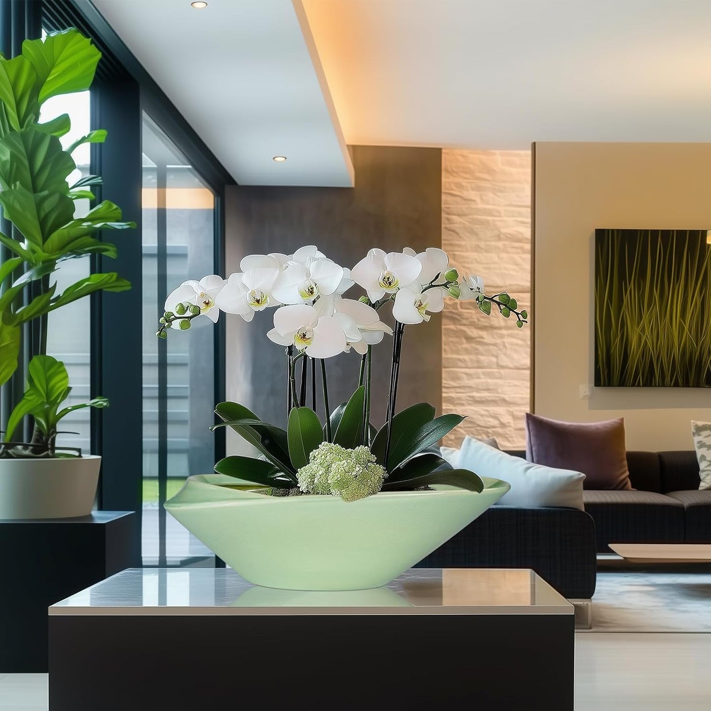 Ceramic Bonsai Pot - 18 Inch Planter with Drainage Hole Large Modern Bonsai Planter Decorative Succulent Flower Plant Pot for Indoor Plants Outdoor Green