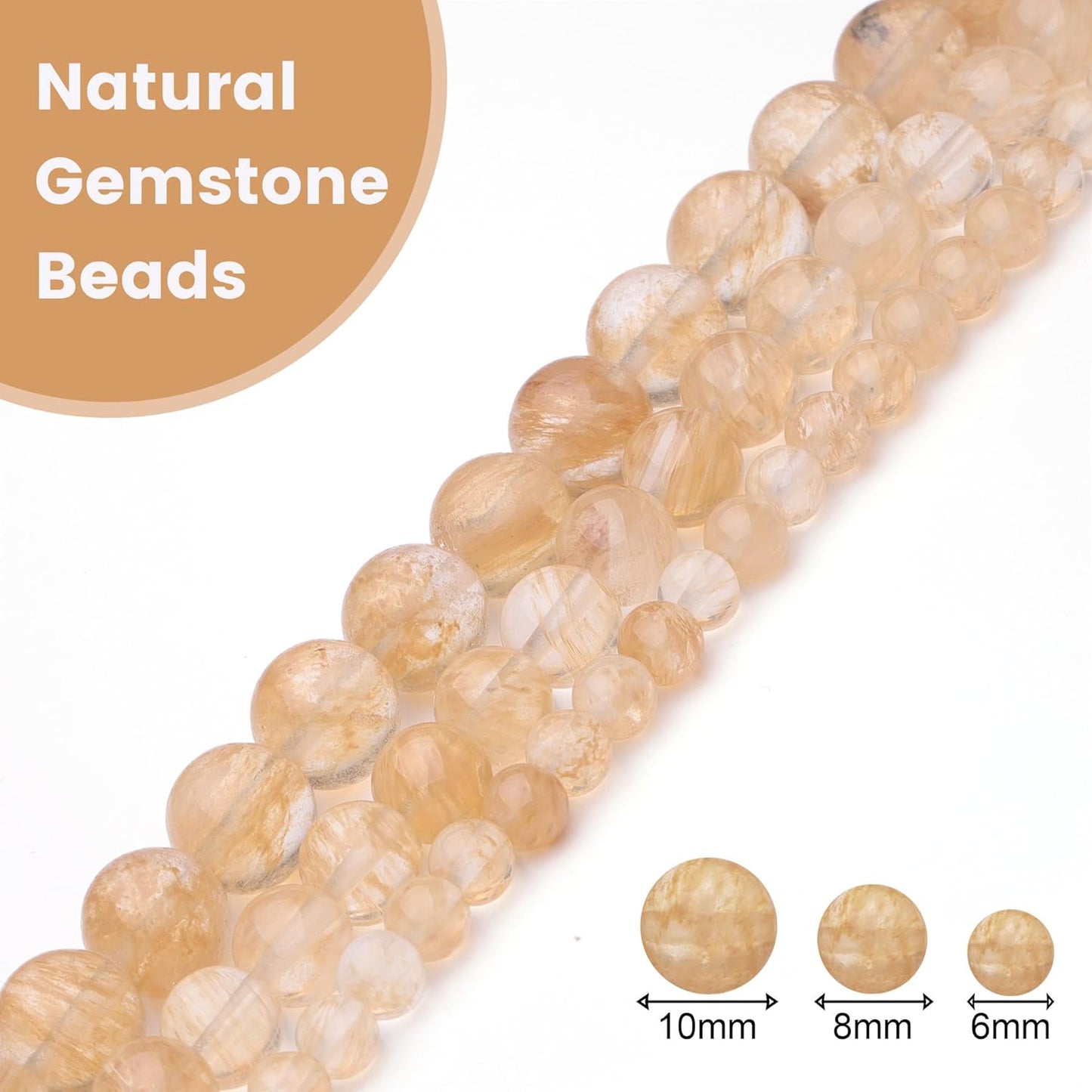 6mm Natural Stone Beads for Jewelry Making,Gold Rutilated Quartz Polished Smooth Round Gemstone Beads for Bracelet Necklace 15 Inch