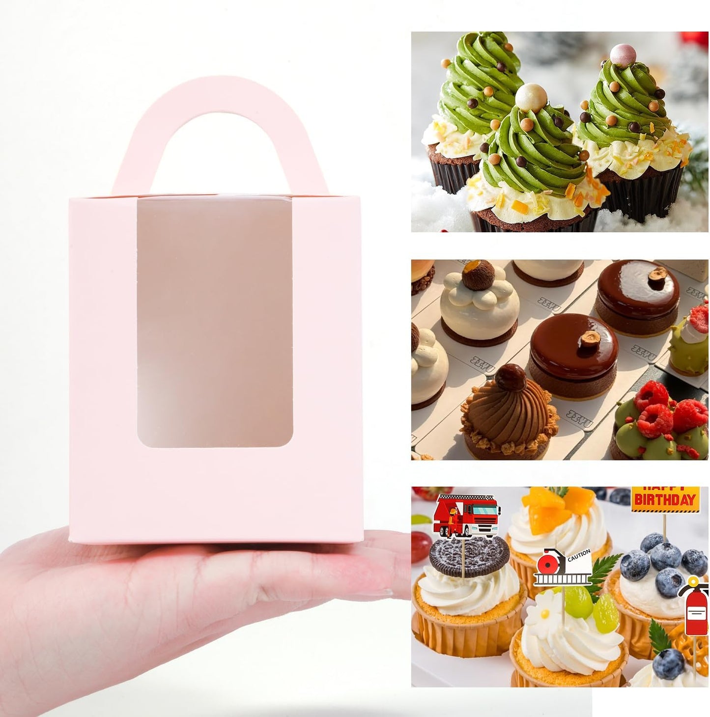 JCD Cupcake Boxes Carriers, 120pcs Pink Single Individual Cupcakes Box Holders Containers,3.7 * 3.7 * 4.3inch Cupcake Container Pastry with Insert Window & Handle for Parties (Pink/120Pcs)