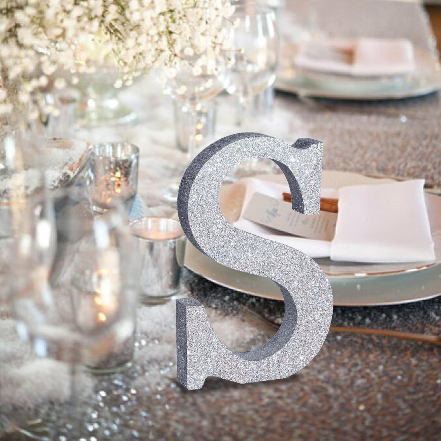 TONIFUL 8 Inch Silver Glitter Letter S Table Centerpiece A-Z Silver Birthday Party Decorations,Silver Alphabet S for Birthday,Chrismas,Graduation,Bridal Shower,Wedding,Anniversary Party Supplies