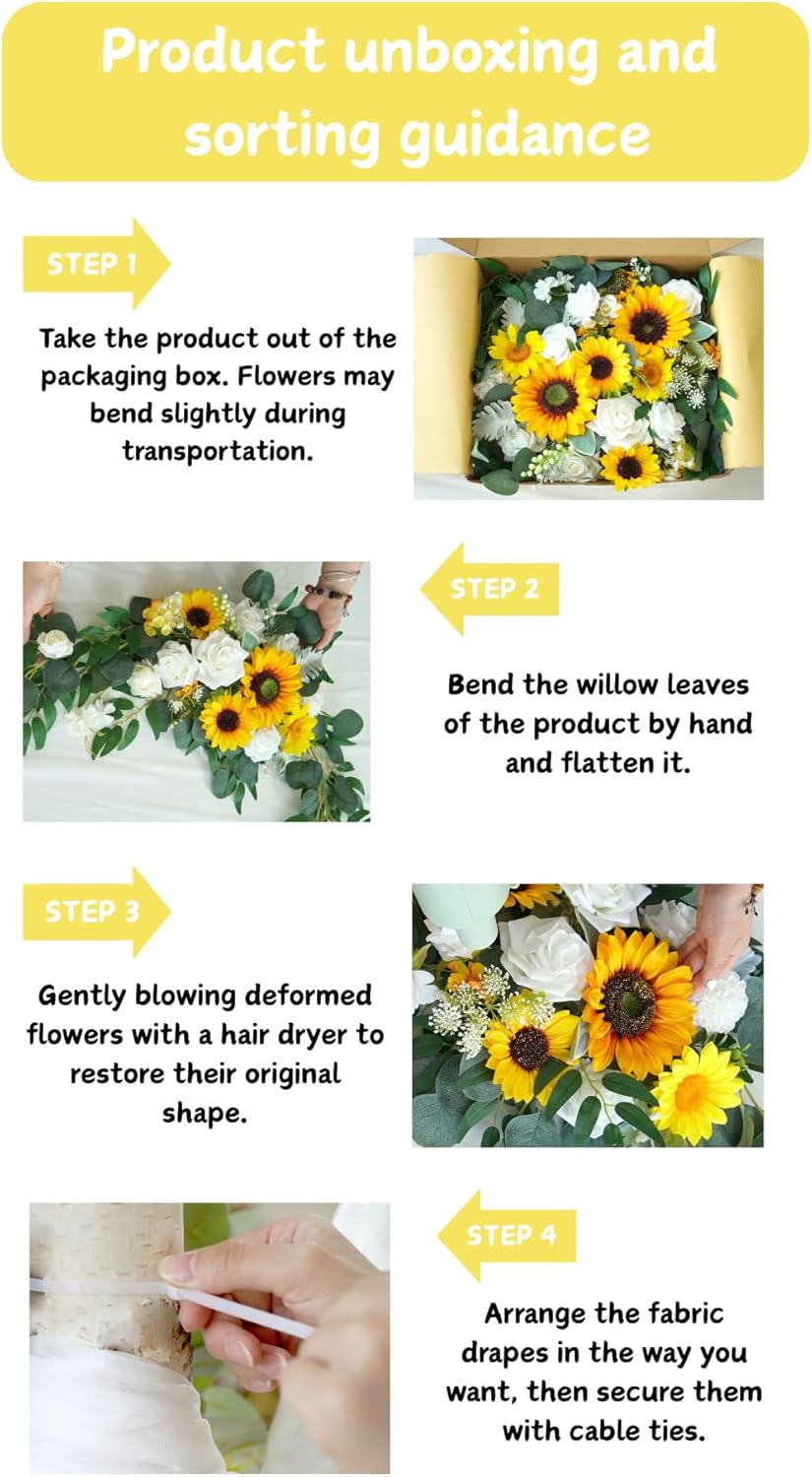 Artificial Arch Flowers Kit(Pack of 4),2Pcs Artificial Flower Arch Decor, 2Pcs Drapes, Ceremony and Reception Background Rose Decoration, Rose Sunflower Floral and Outdoor Party Decor