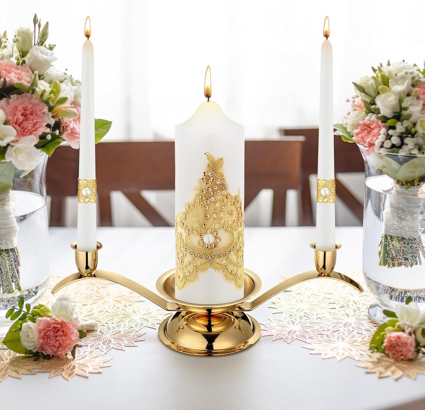Irenare Unity Candles with Holder for Wedding Ceremony Wedding Decortions Accessories Glass Candle Holder Pillar Candle for Formal Events Church(Gold Wedding)