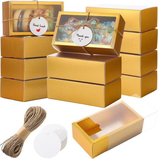 Roowest 50 Sets Kraft Soap Boxes Rectangle Packaging Box with Window Homemade Gift Box with Blank Tags and Jute String for Jewelry Candy Wrapping Party Favor(6.3 x 3.5 x 2 Inch,Gold)