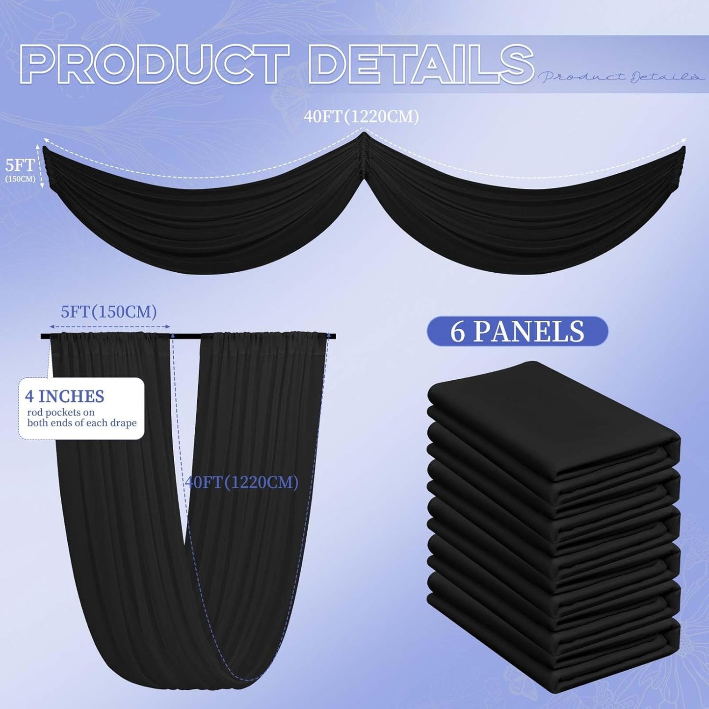 6 Panels Black Ceiling Drapes for Wedding 5ftx40ft Ceiling Drapes Wedding Arch Draping Fabric Cheesecloth Sheer Curtain Romantic Ceiling Decorations for Weddings Party Banquet Ceremony Stage