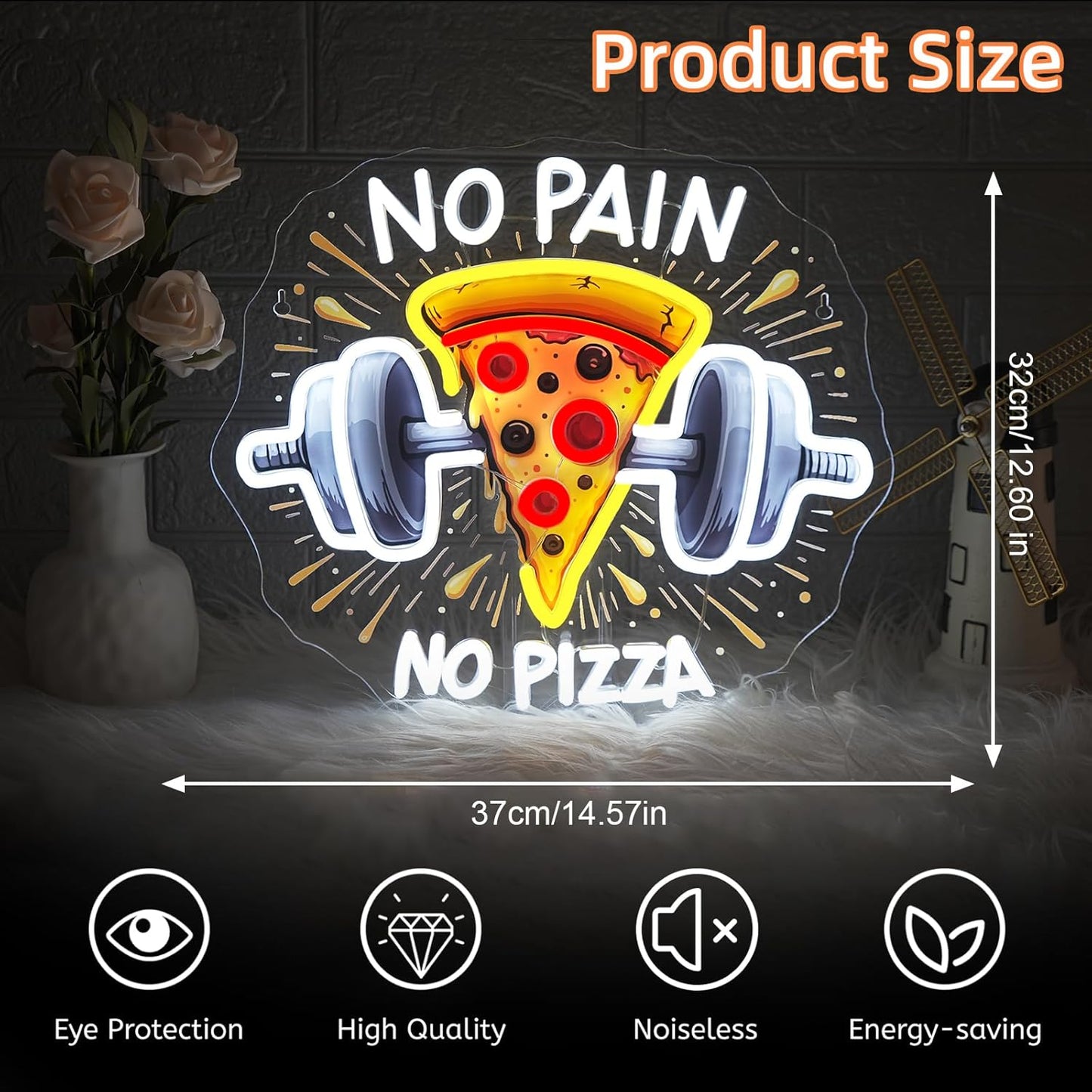 Lucunstar Gym Neon Sign No Pain No Pizza UV Printed Light Signs For Wall Decor Dimmable Dumbbell Barbell Led Lights Decoration Fitness Club Gift For Teens Sports Room USB Powered 14.57 x 12.6 inches