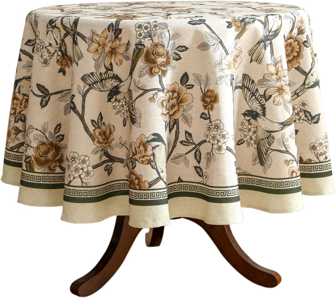 ISAENNE Designer Vintage Linen Round Table Cloth,Floral and Bird Pattern Elegant Tablecloth,Fall Wrinkle Resistant Home Decor Tablecloths for Dining Kitchen Christmas,Diameter 67"-Murad A