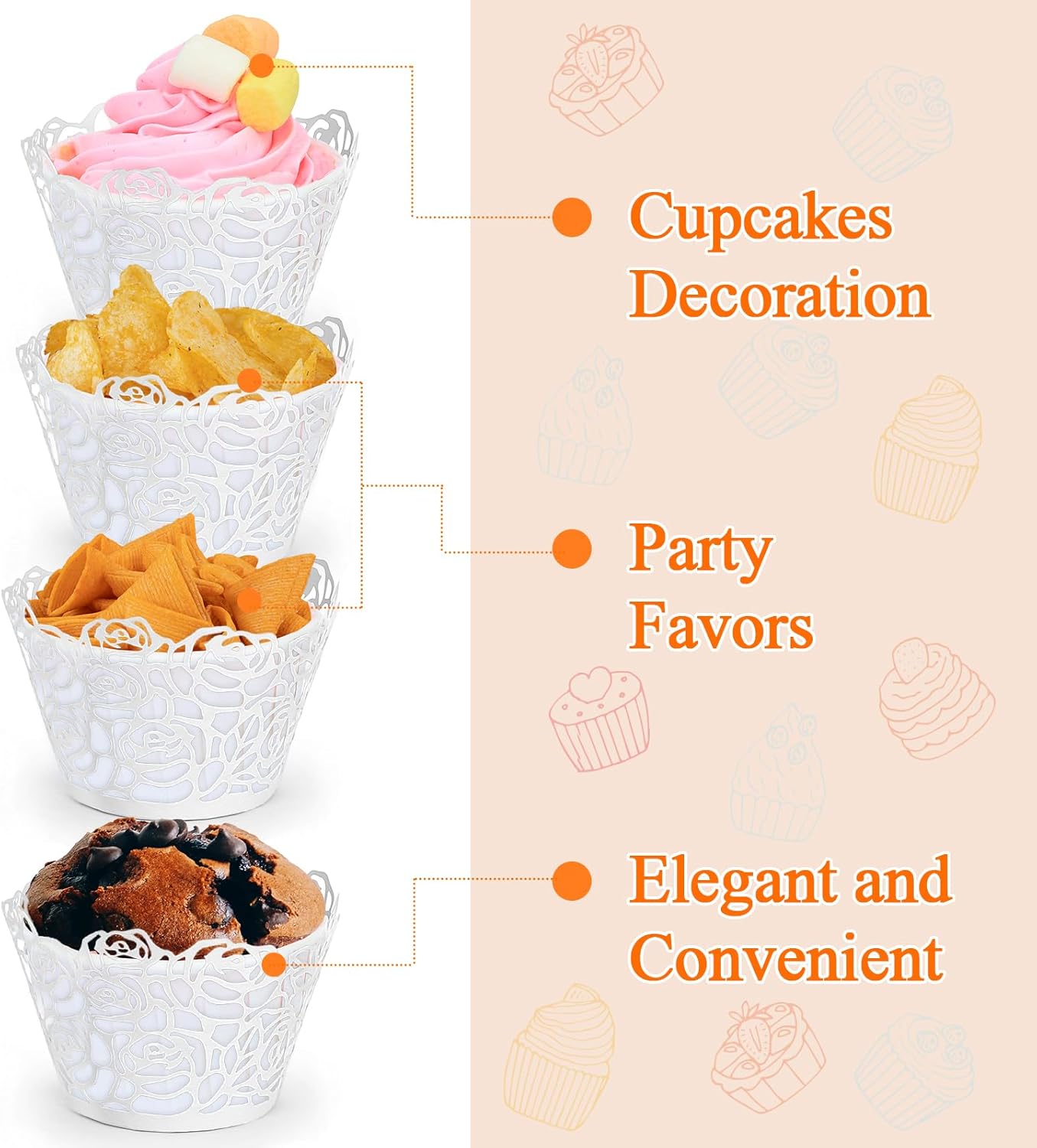 GWHOLE White Cupcake Wrappers, 50pcs Cupcake Liners with Rose Design Laser Cut Liners for Wedding Birthday Baby Shower Party Decorations Fancy Small Cupcake Decorations for Regular Cupcak