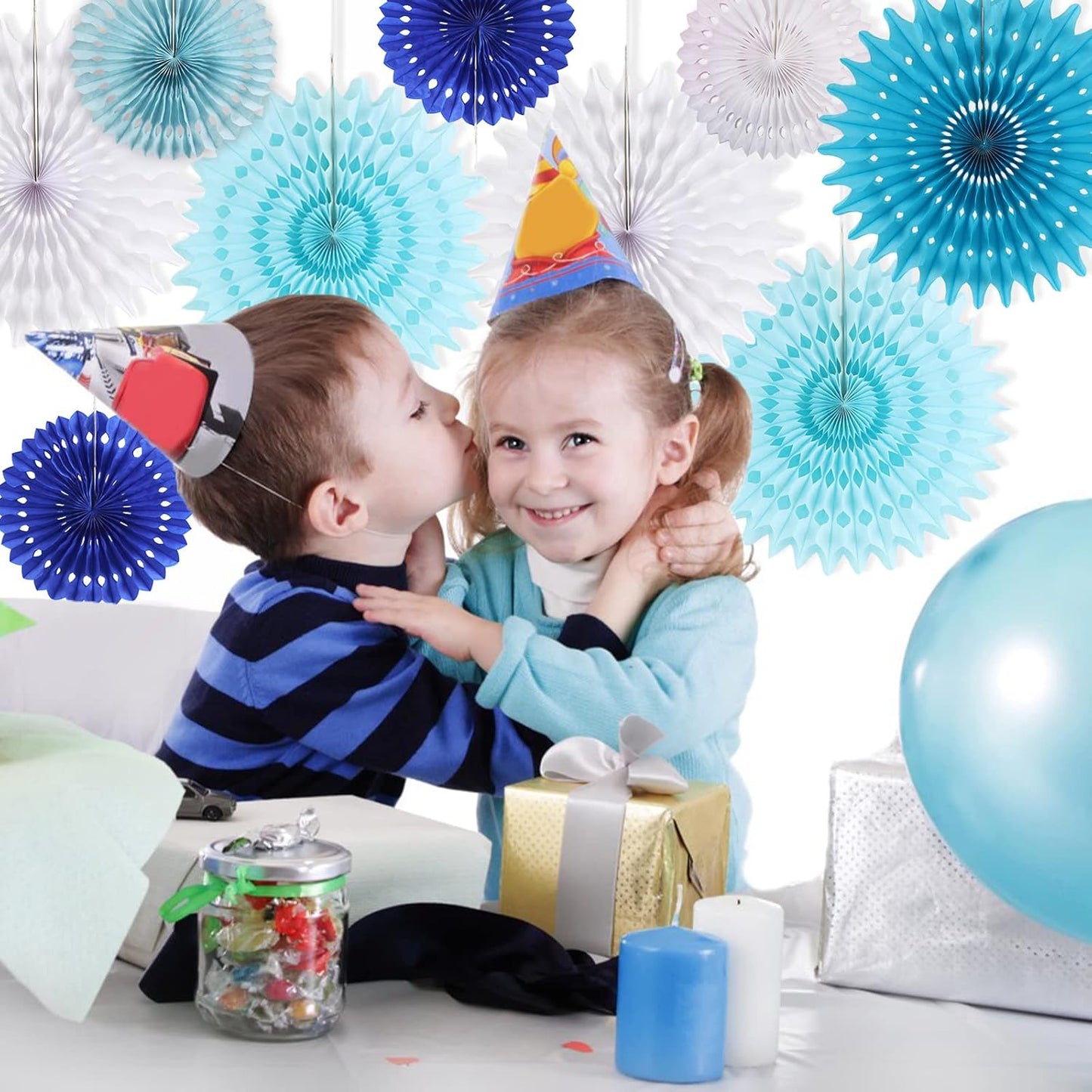 SUNBEAUTY Pack of 13 Blue White Hanging Honeycomb Paper Fans Party Decoration Kit for Baby Boy Shower 1st Birthday Navy Ocean Wedding Under The Sea Theme Photo Booth Backdrops Paper Party Supplies