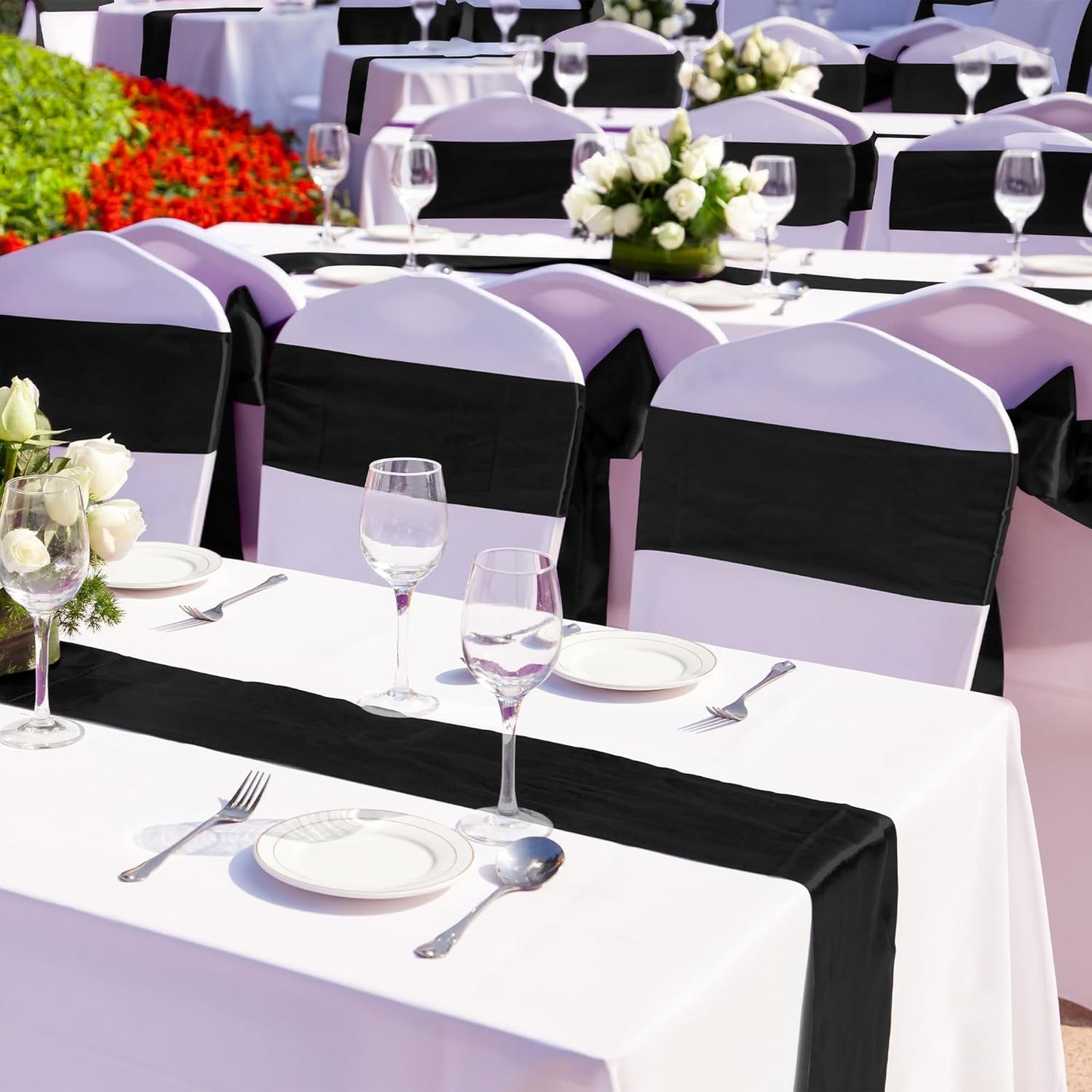 Aneco 12 Pack Satin Table Runner 12 x 108 Inch Black Long Wedding Satin Silk Table Runner for Wedding Banquet Graduations Birthday Party Decoration