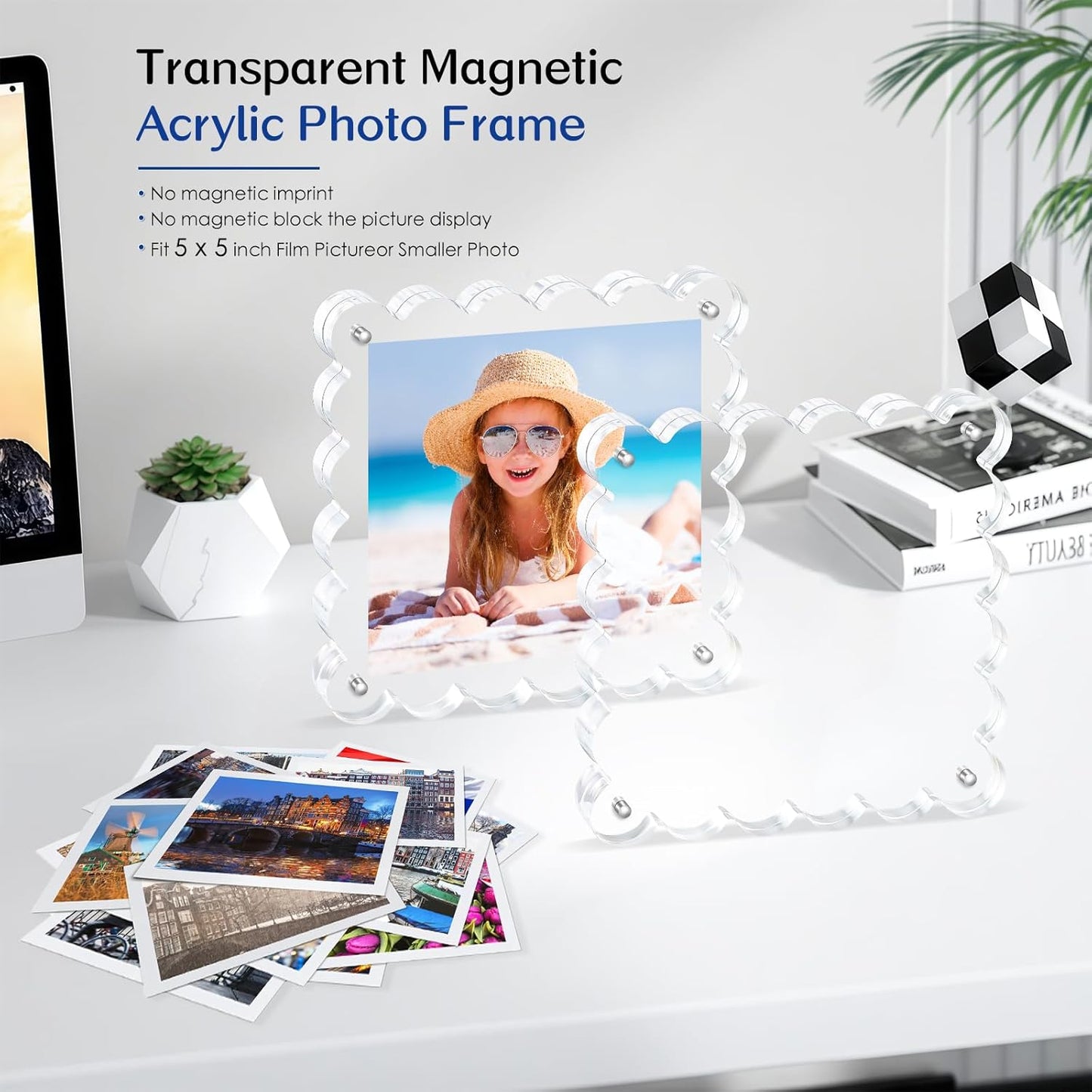 Acrylic Picture Frames .5×5inch 2Pack - Double-Sided Scalloped Photo Frame, 20mm Ultra-Clear Block, Modern Desktop Display for Home/Office Decor (2 Pack, 5X5)