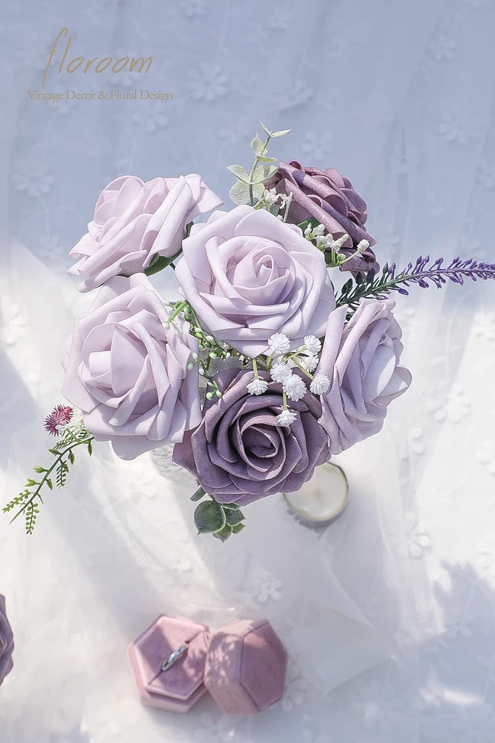 Floroom Artificial Flowers 25pcs Real Looking Lavender African Violet Purple Foam Fake Roses with Stems for DIY Wedding Bouquets Bridal Shower Centerpieces Floral Arrangements Party Tables Decorations