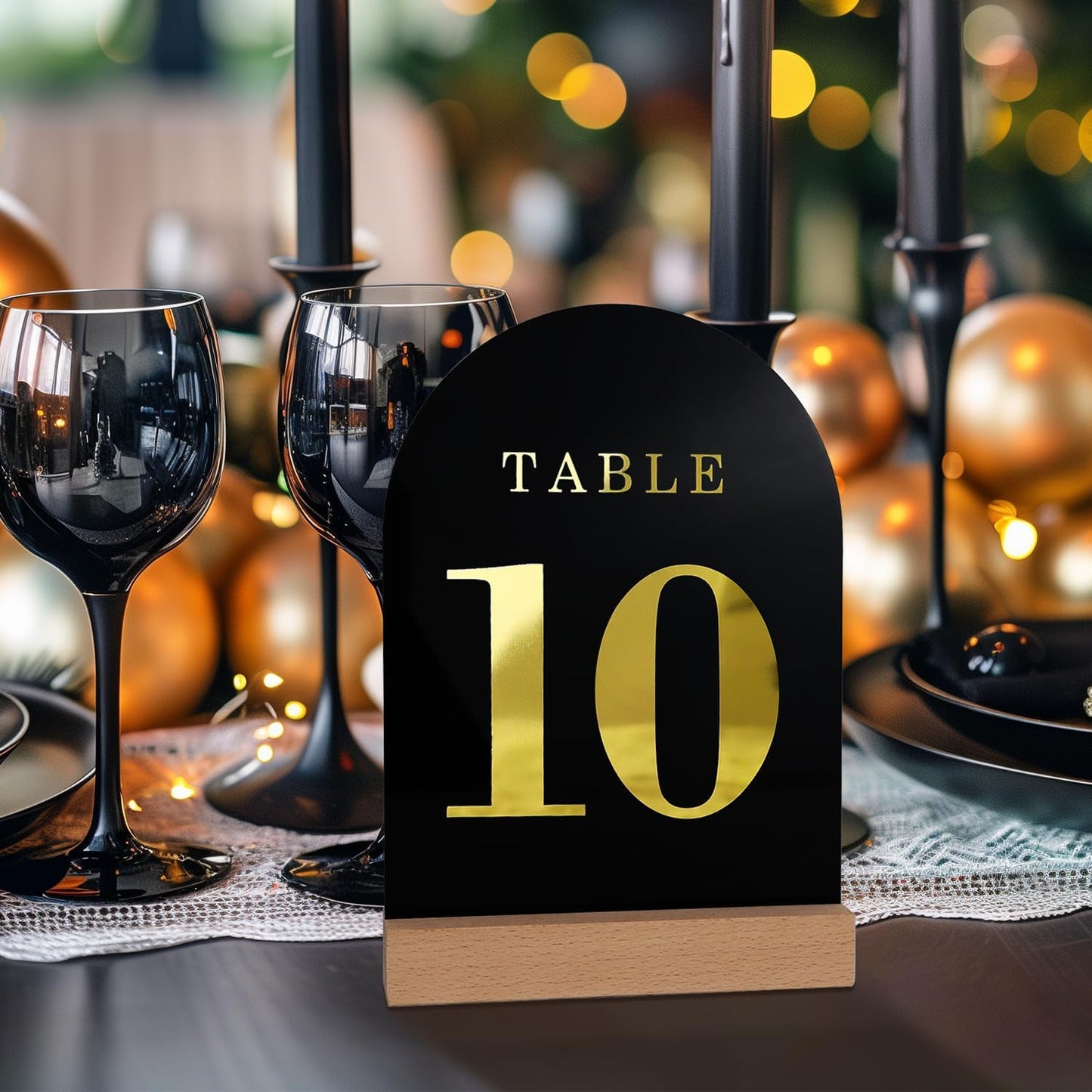 Wedding Table Numbers 1-10, Acrylic Arch Signs with Natural Wood Stands Holders, Rustic Table Decor for Reception & Parties (Black Gold)