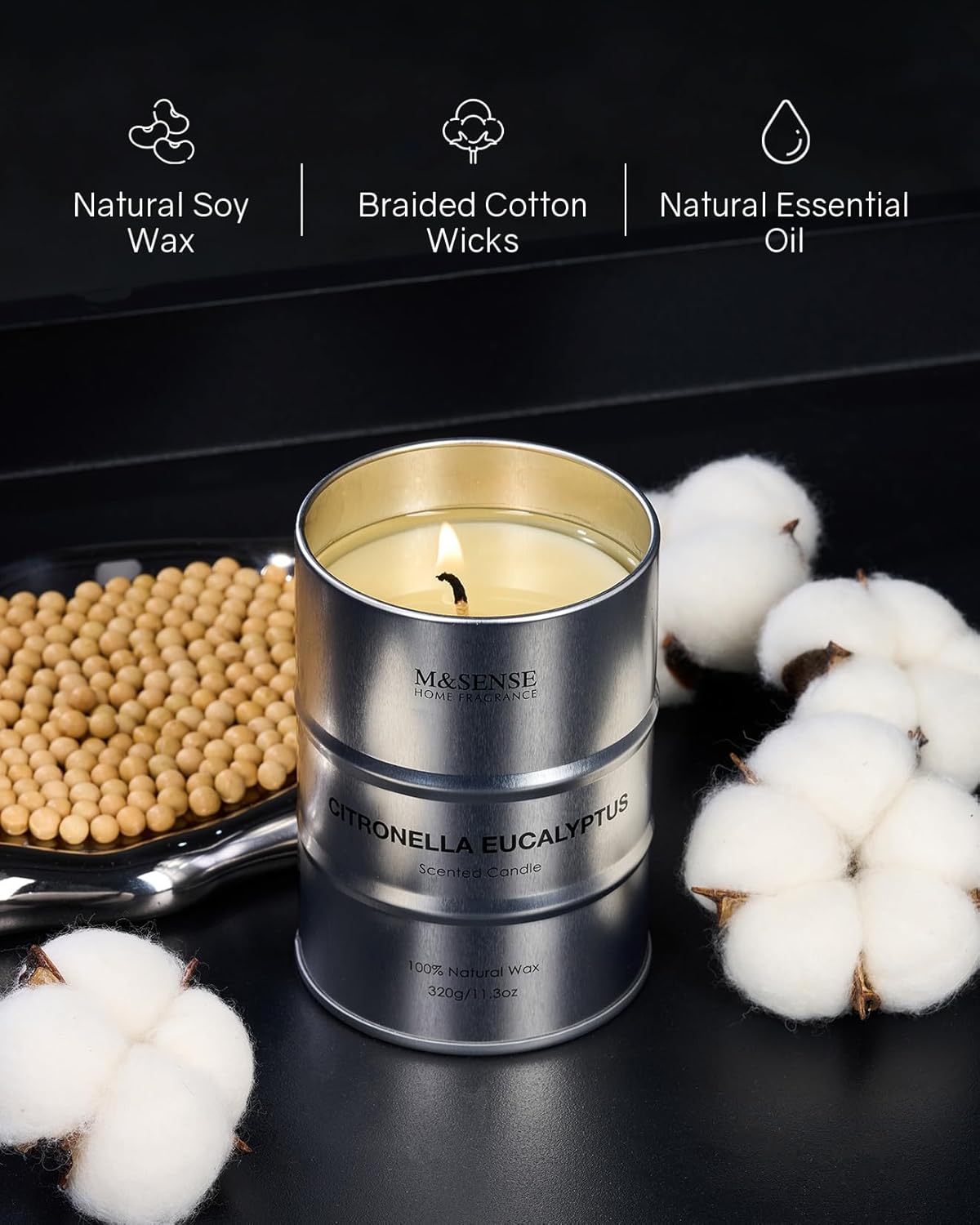 M&SENSE Scented Candle, Citronella Eucalyptus Medium Jar Candle for Men, 70 Hours Slow Burning Natural Soy Candles 11.3oz, Stress Relief Aromatherapy Candles Home Decor, Valentines Day Gifts for Him