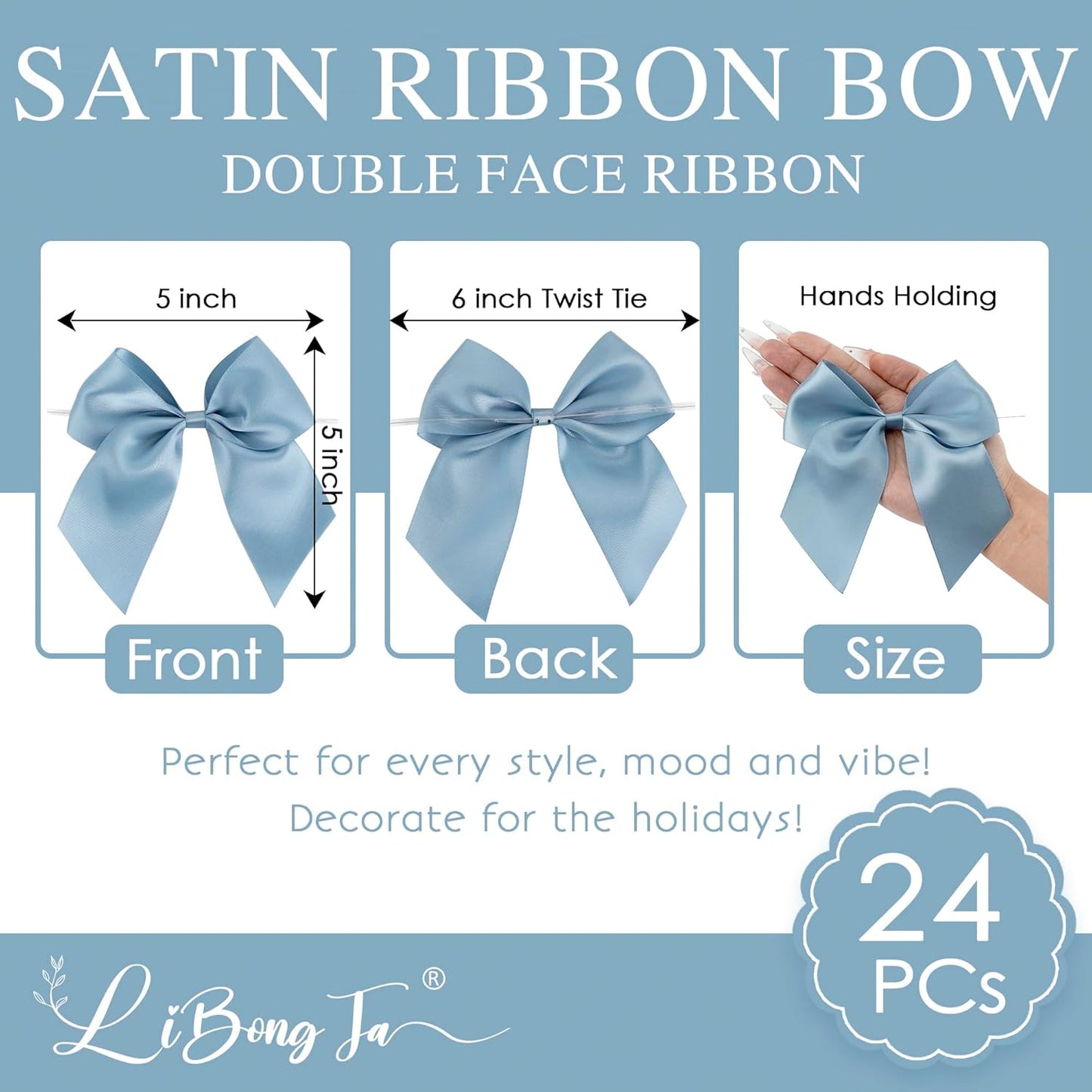 5'' Dusty Blue Bow Party Decorations Satin Bows, Twist Tie Bows for Treat Bags, Cake Pops, Pre-tied Bow Premade Ribbon Bows for Crafts, Holiday Bows for Gift Wrapping, Wedding Decor-24 Counts