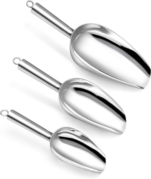 P&P CHEF Canister Scoop Set of 3, Ice Candy Scoop, Stainless Steel Multipurpose Food Scooper for Buffet Jar Freezer, Mirror Finish & Dishwasher Safe, Silver, 3+6+8 Oz