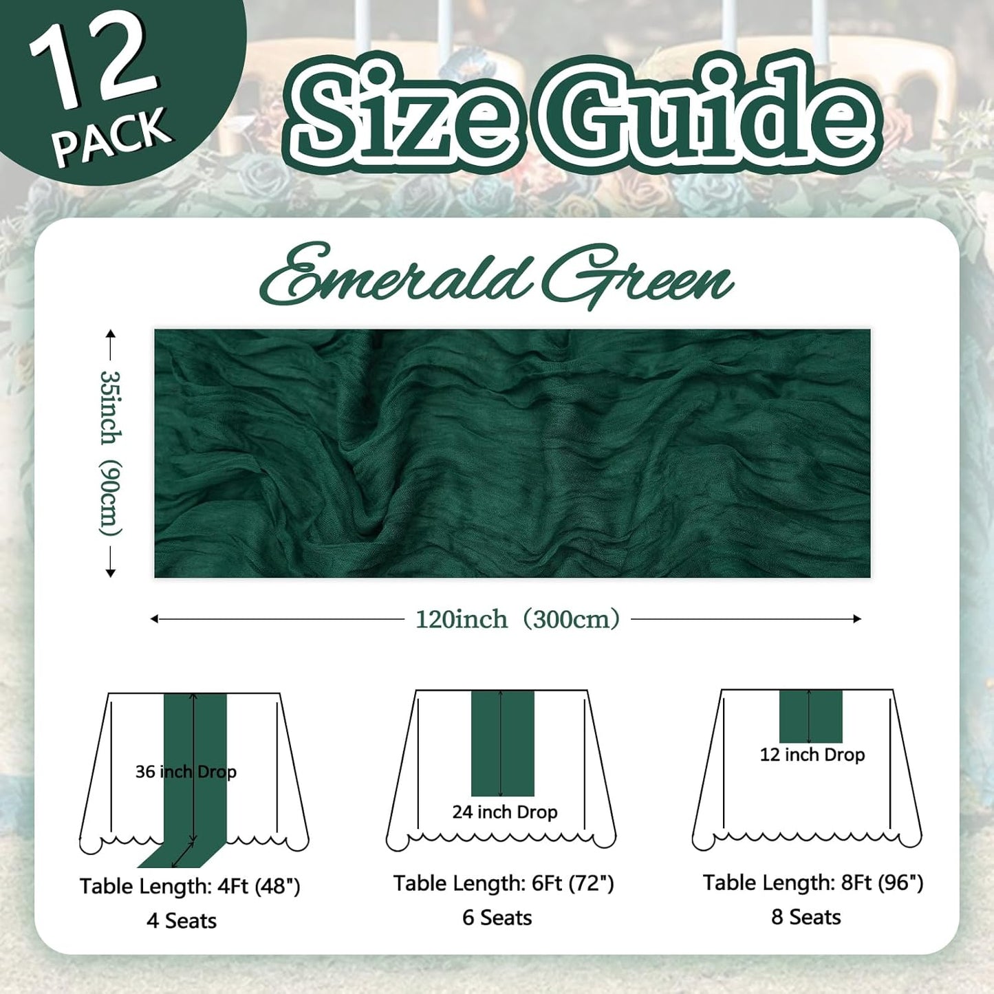 12 Pack Emerald Green Cheesecloth Christmas Table Runner 10ft Boho Gauze Fabric Cheese Cloth Table Runner 35 x 120 Inch Rustic Sheer for Wedding Decor Baby Shower Party Table Centerpiece Decoration