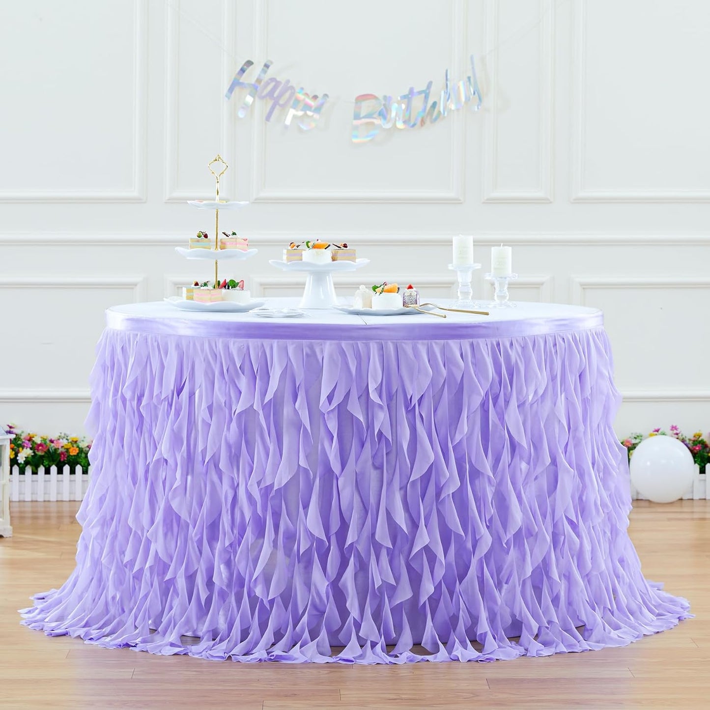 PARTISKY Lavender Purple Tulle Curly Willow Table Skirt for Rectangle Table 6ft, Ruffle Tutu Table Cloth for Girls Boys Baby Shower,Mermaid Birthday Party