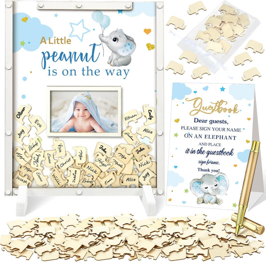 65 Pcs Elephant Theme Baby Shower Guest Book Alternatives Blue He or She Gender Reveal Baby Shower Decorations Sign in Guest Book with Picture Frame and 60 Wooden Chip