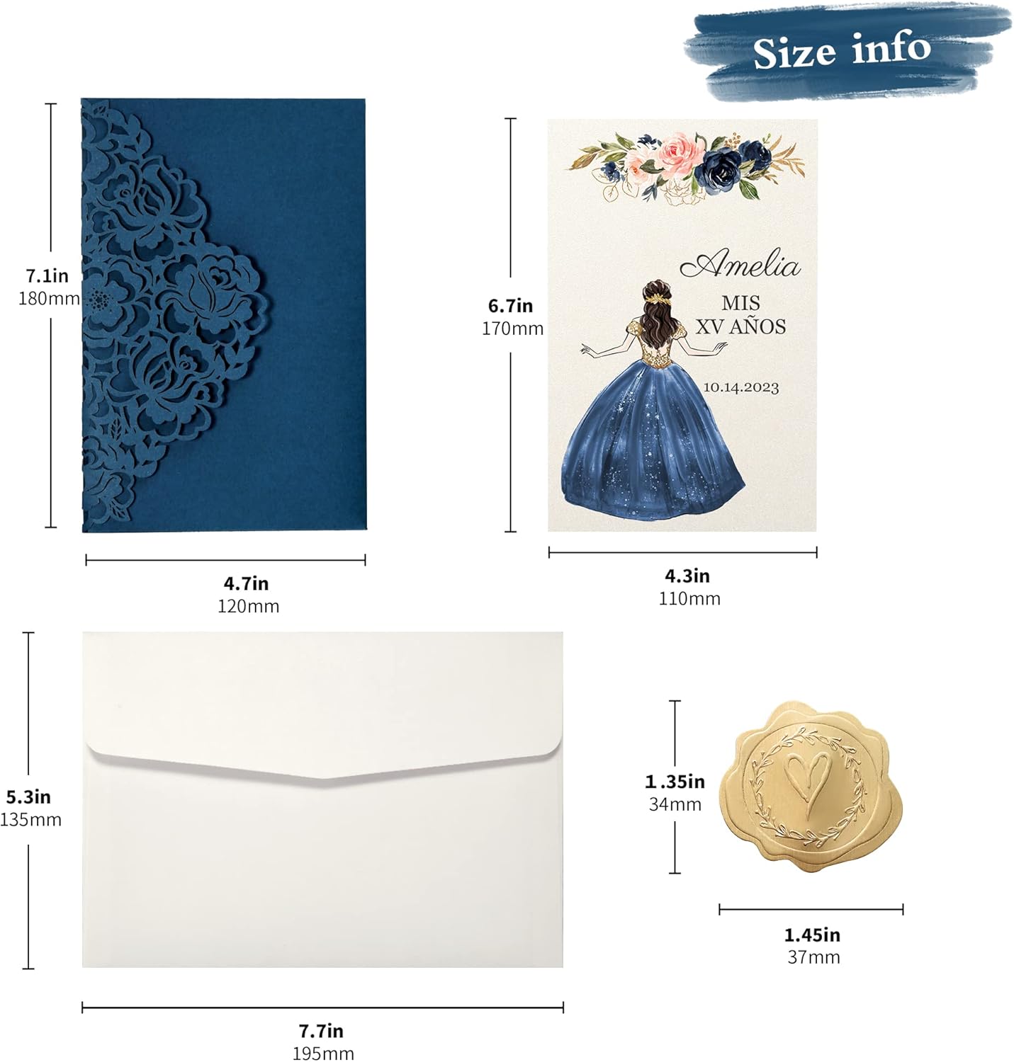 DORIS HOME 50pcs Laser Cut Quinceanera Invitations Blue, 4.7x7.1 Personalized Quince Invitations for 15th Birthday, Invitation cards for Sweet 16 with Envelopes