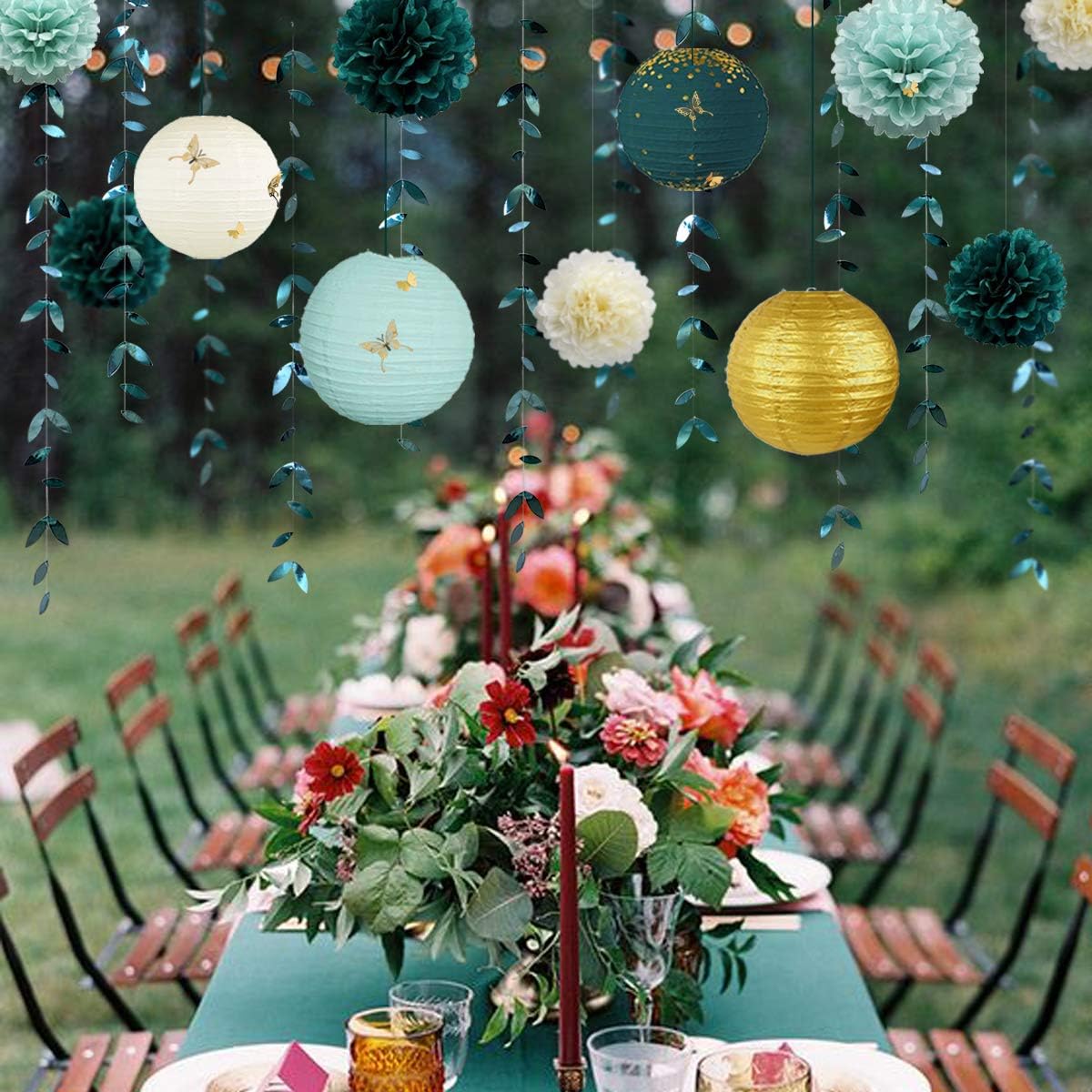 Hunter Green and Gold Hanging Tissue Lantern Flowers Pom Pom with 3D Butterflies Leaf Garland Streamer for Botanical Wedding Bridal Baby Shower Birthday Engagement Bachelorette Party Decorations